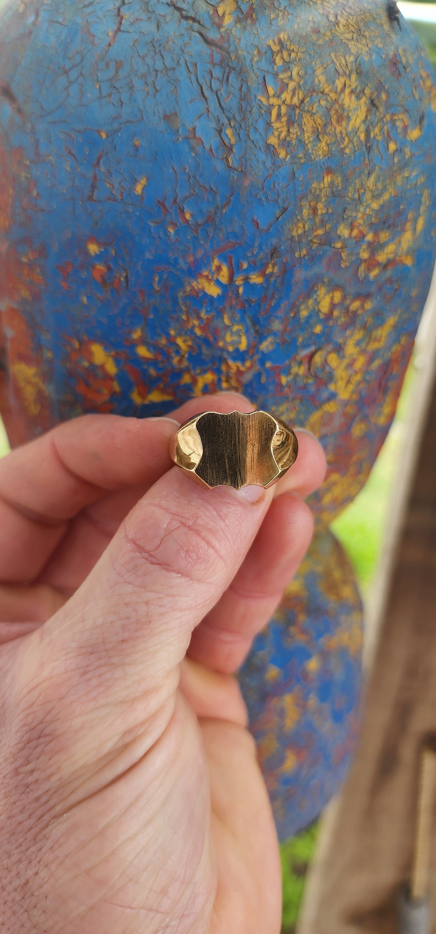 Chunky vintage men’s signet ring crafted in solid brass — this bold beauty carries all the charm of an old-world heirloom with a modern edge.
