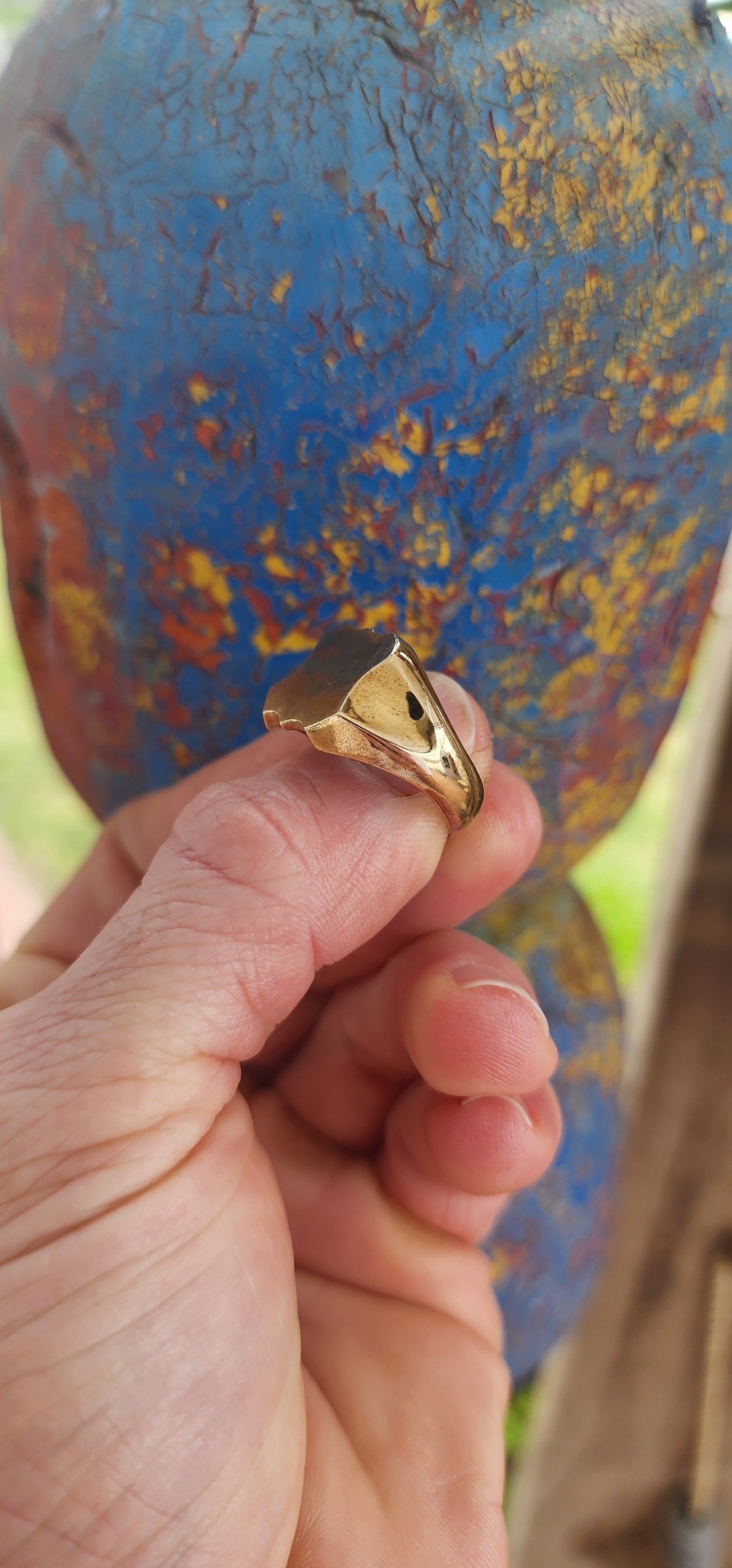 Chunky vintage men’s signet ring crafted in solid brass — this bold beauty carries all the charm of an old-world heirloom with a modern edge.