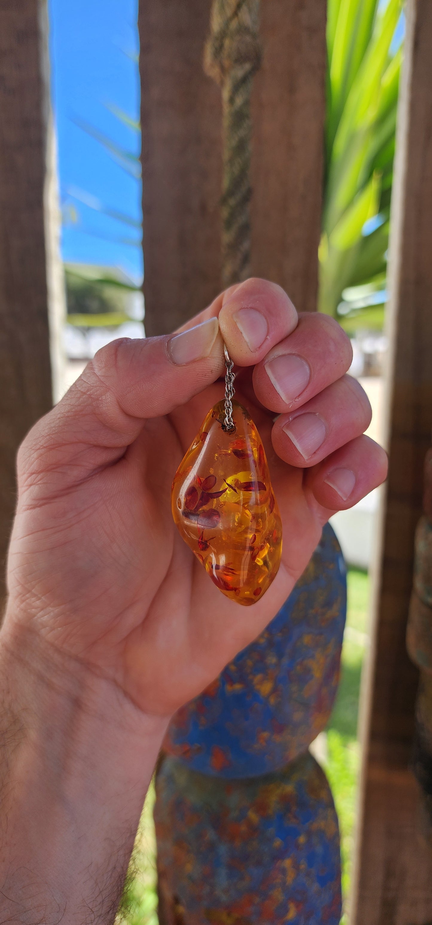 Magnificent and luminous, this large Baltic “piebald” amber pendant glows like captured sunlight!