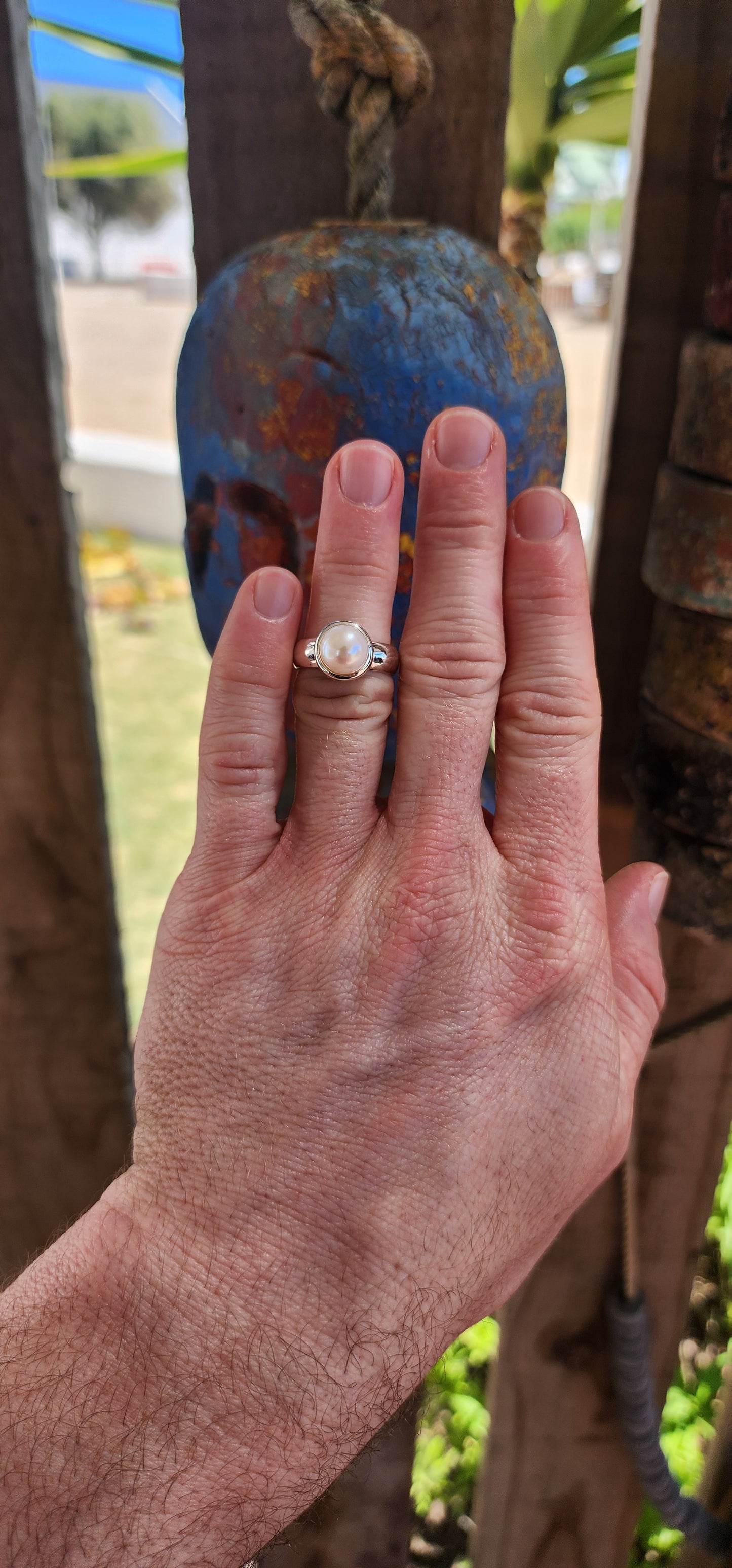 Modernist Sterling Silver Pearl Solitaire Ring.