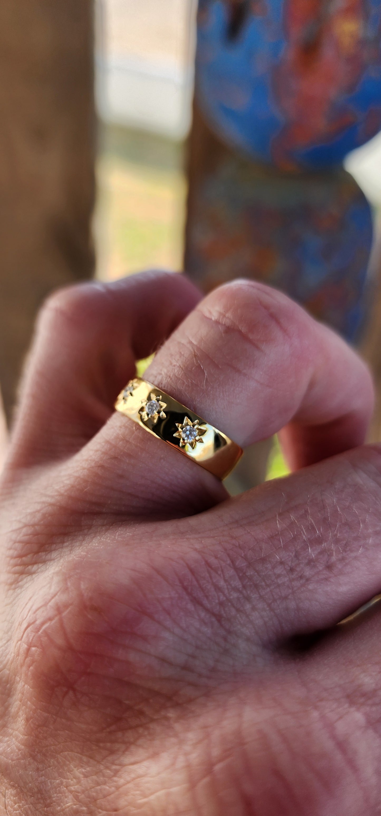 This striking unisex Victorian-revival diamond gypsy ring is crafted in solid sterling silver and finished in a rich, buttery layer of 18ct yellow gold plating, giving the band a glowing, antique-gold warmth that feels both classic and enduring.