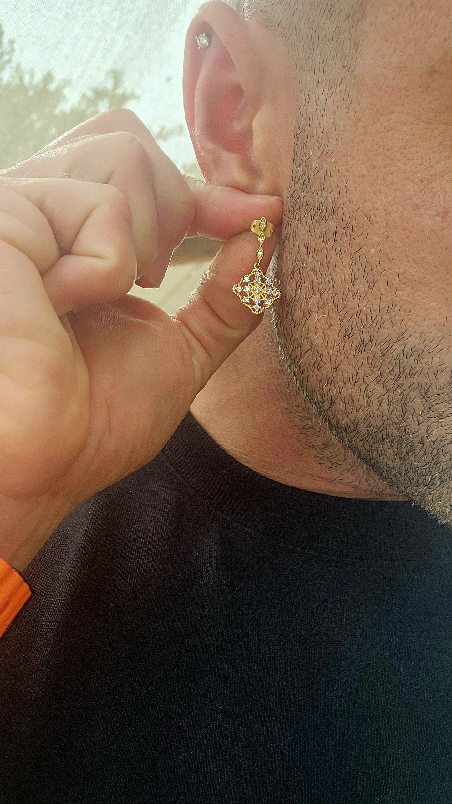 This beautiful pair of antique-revival drop earrings is crafted in sterling silver, finished with a soft matte yellow-gold plating that gives the piece a warm, understated glow reminiscent of true vintage/antique jewellery.