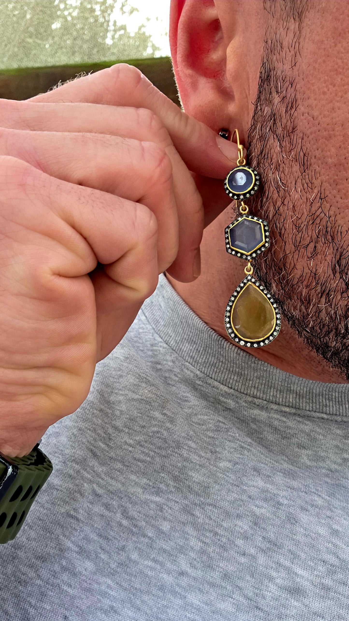 Magical pair of sterling silver drop earrings with rich satin yellow gold plating, featuring beautifully faceted chalcedony gemstones in round, hexagon and pear-shaped cuts.