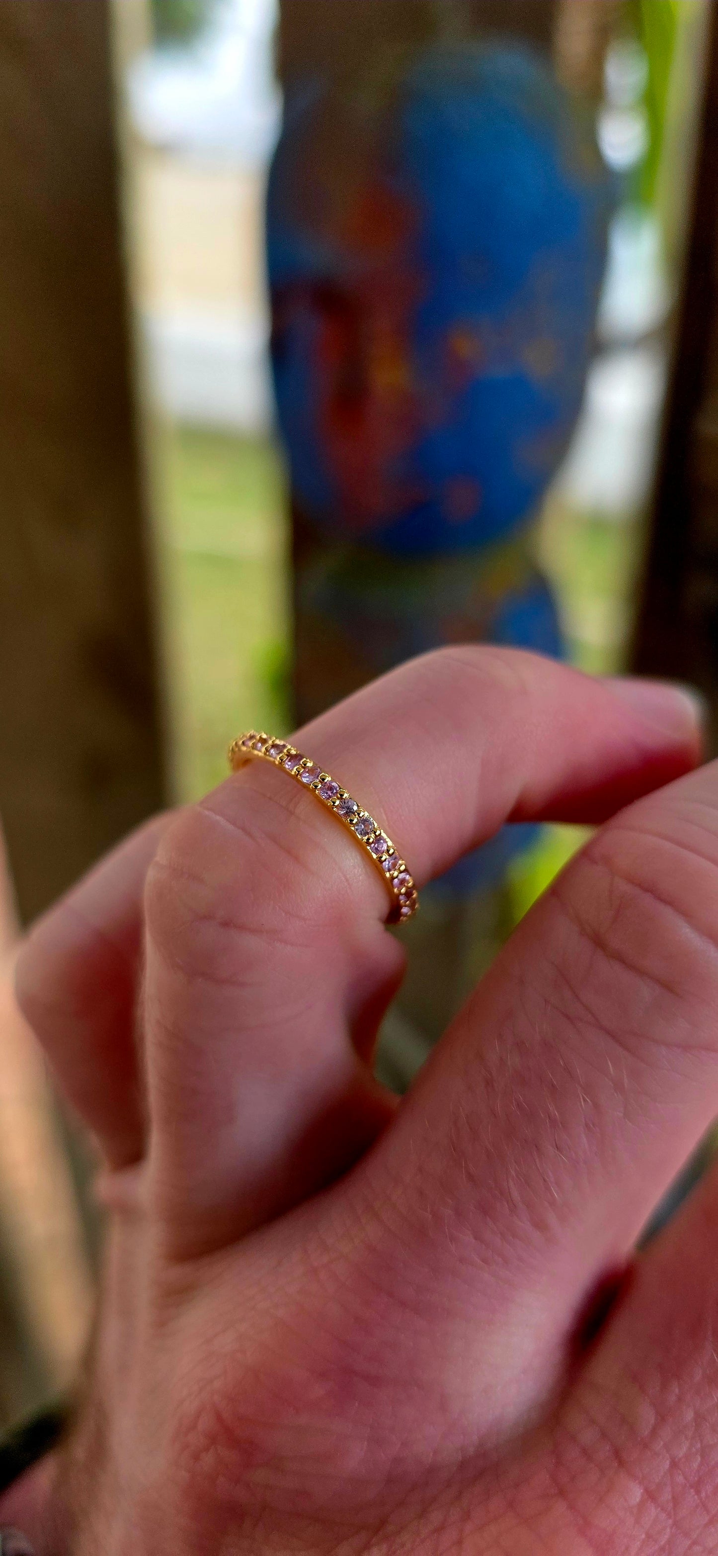 A fine and dainty full eternity stacking band, crafted in solid sterling silver and finished with a rich layer of 18ct yellow gold plating for that warm, timeless glow.