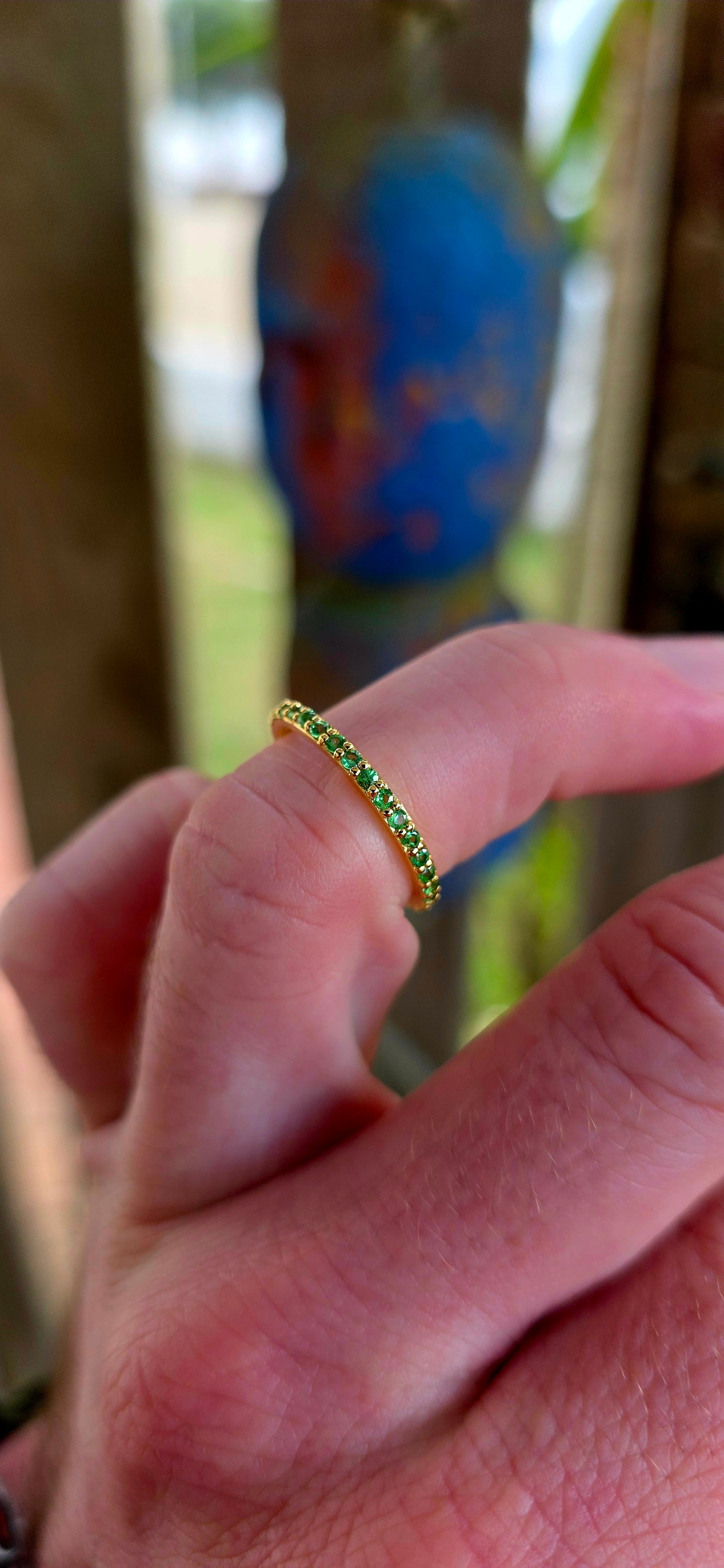 A fine and dainty full eternity stacking band, crafted in solid sterling silver and finished in glowing 18ct yellow gold plating for that rich golden warmth.