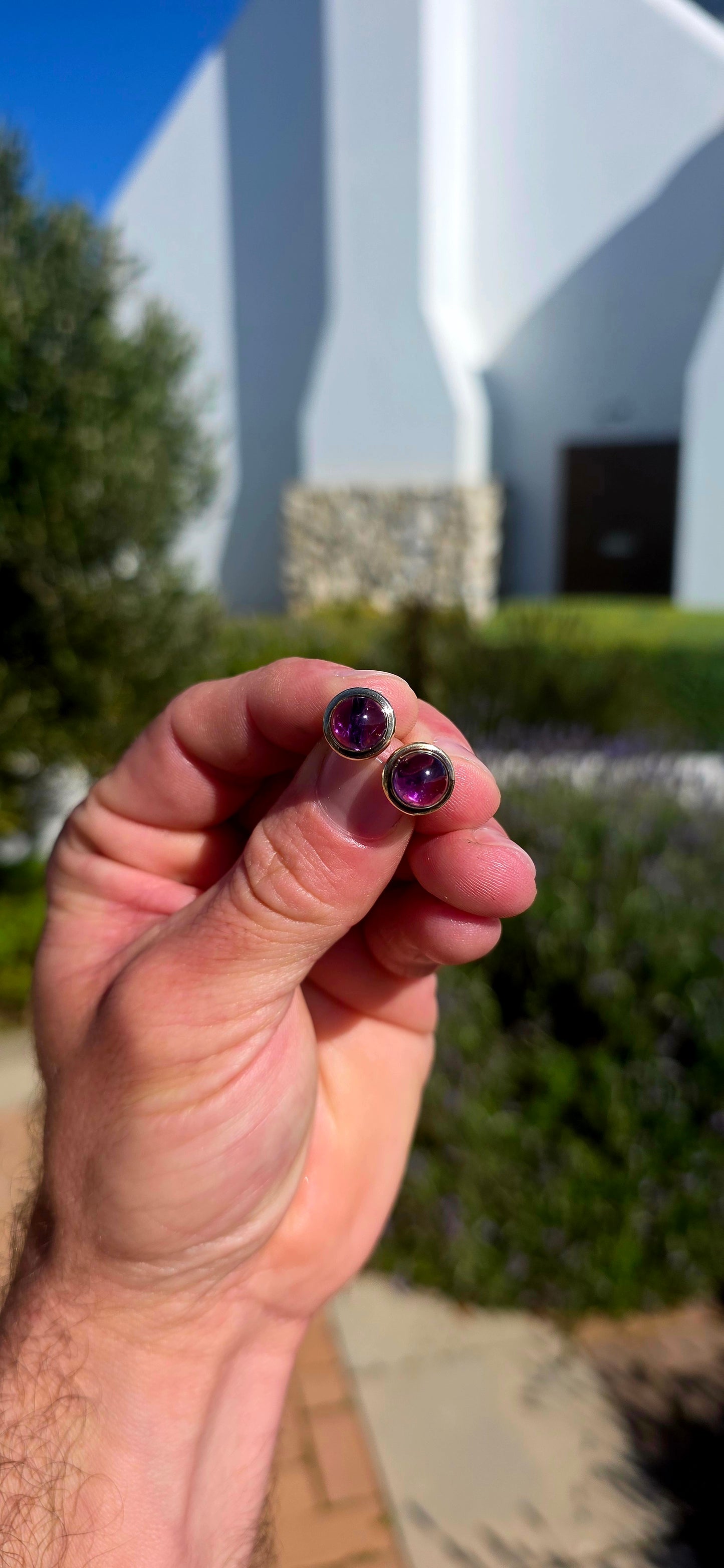Amethyst Cabochon Stud Earrings.