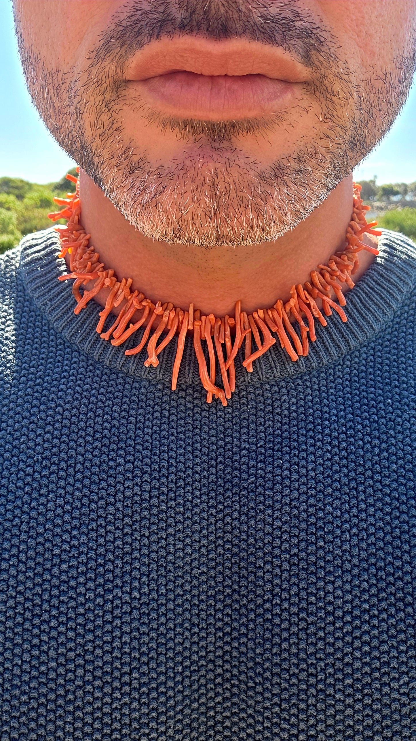 This antique Italian branch coral necklace showcases a rich display of natural coral branches, each one uniquely shaped by nature and carefully graduated in size to create a striking, full-bodied silhouette.