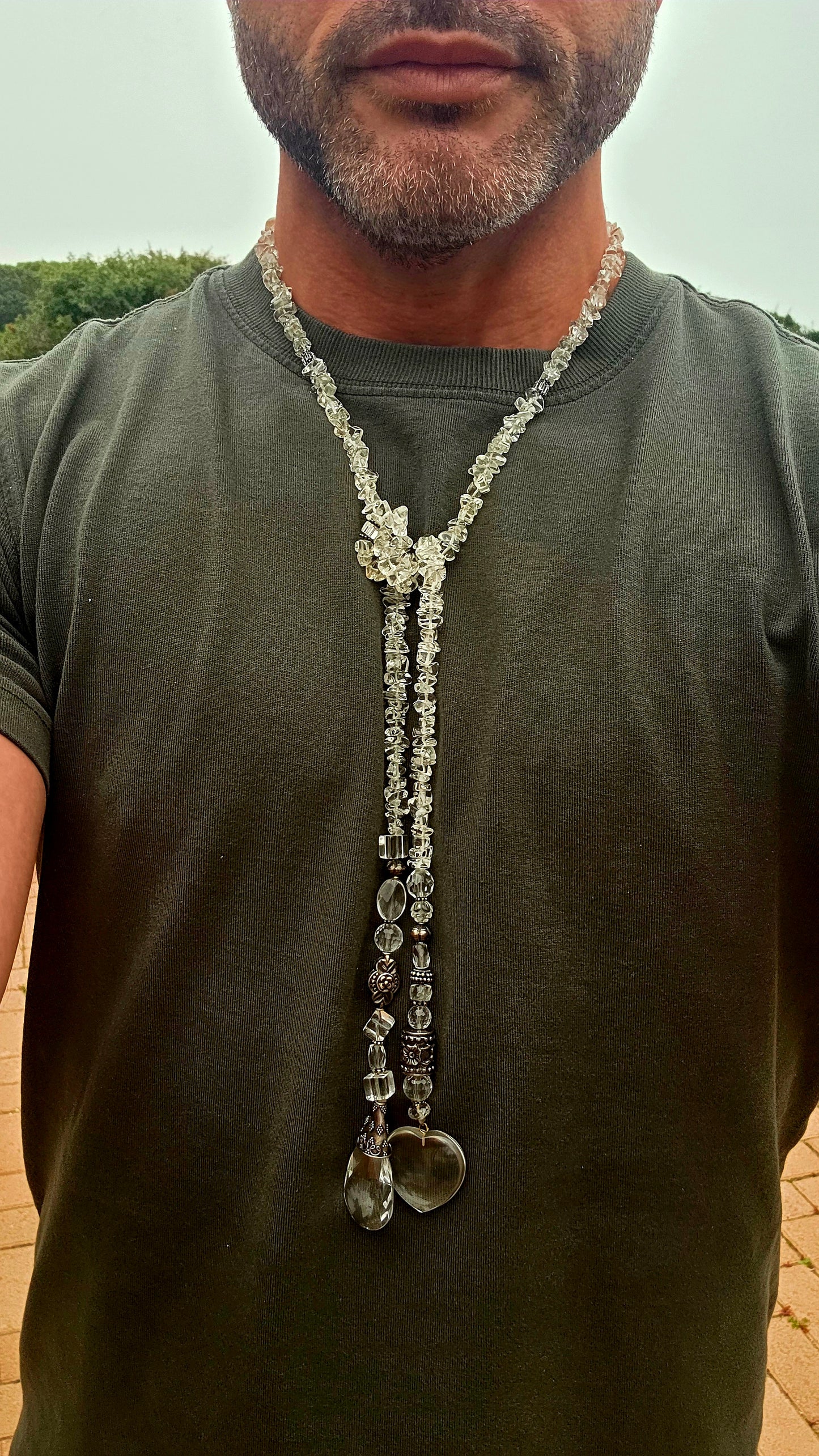 A wonderfully bohemian artisan-made extra-long wrap / knot necklace, created from hundreds of natural clear quartz gemstone chips, interspersed with an eclectic collection of beautifully detailed sterling silver decorative beads.