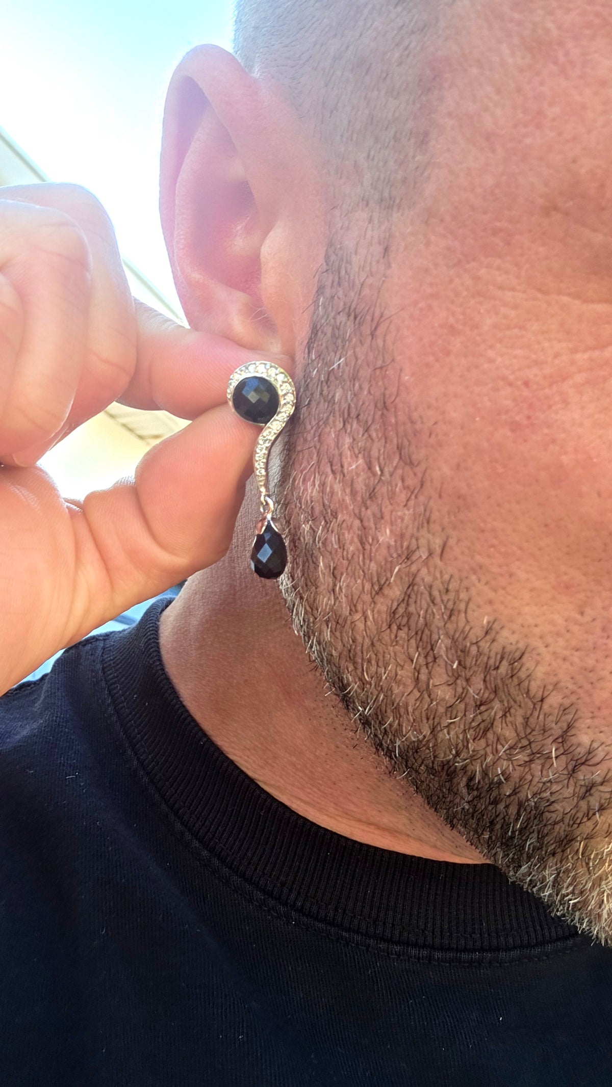 A fabulous pair of Art Deco Revival Sterling Silver drop/dangle earrings, combining glossy jet-black Onyx with sparkling clear CZ gemstones in a wonderfully glamorous 1920s/30s-inspired design.