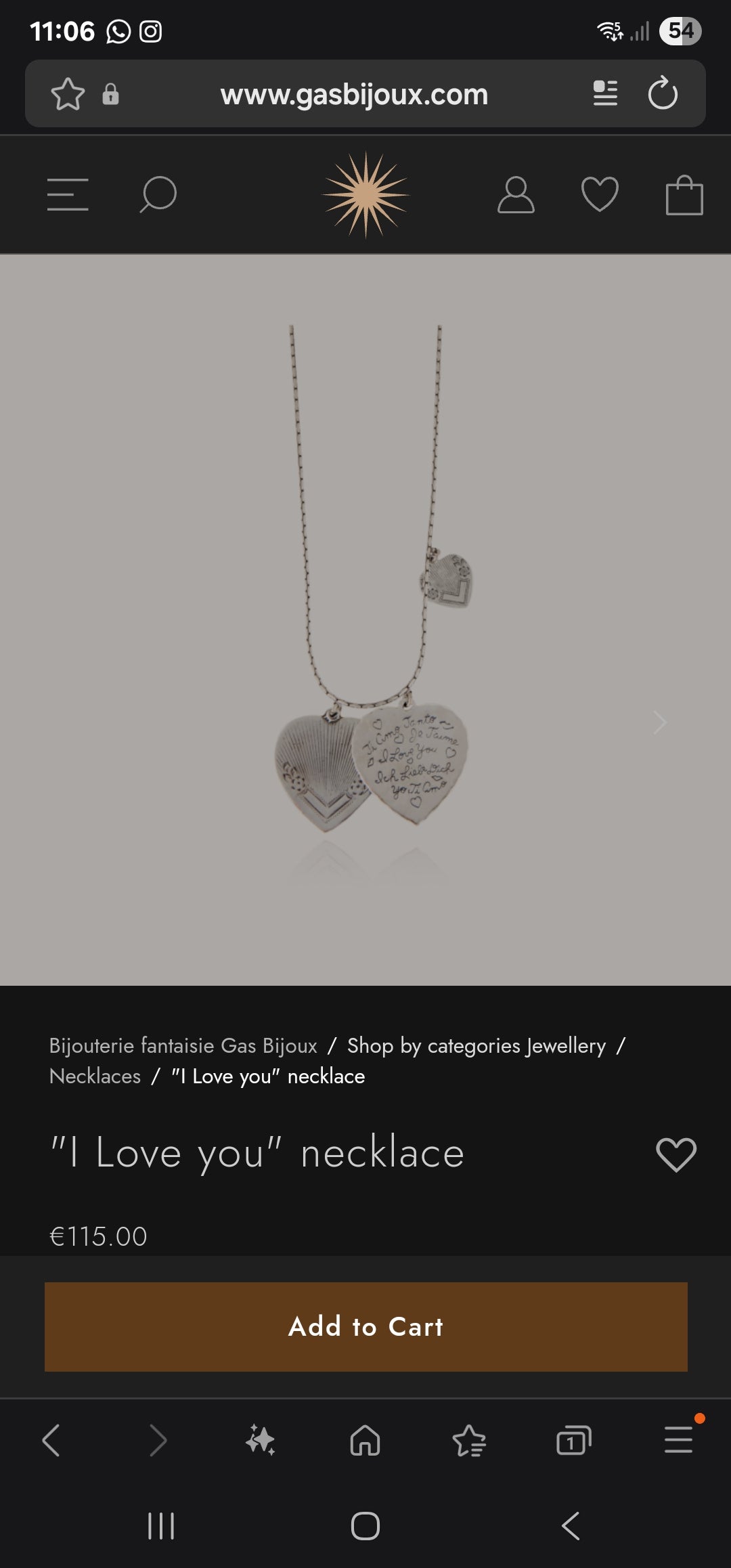 Designer costume silver-plated “I Love You” necklace by the renowned French jewelry house Gas Bijoux.