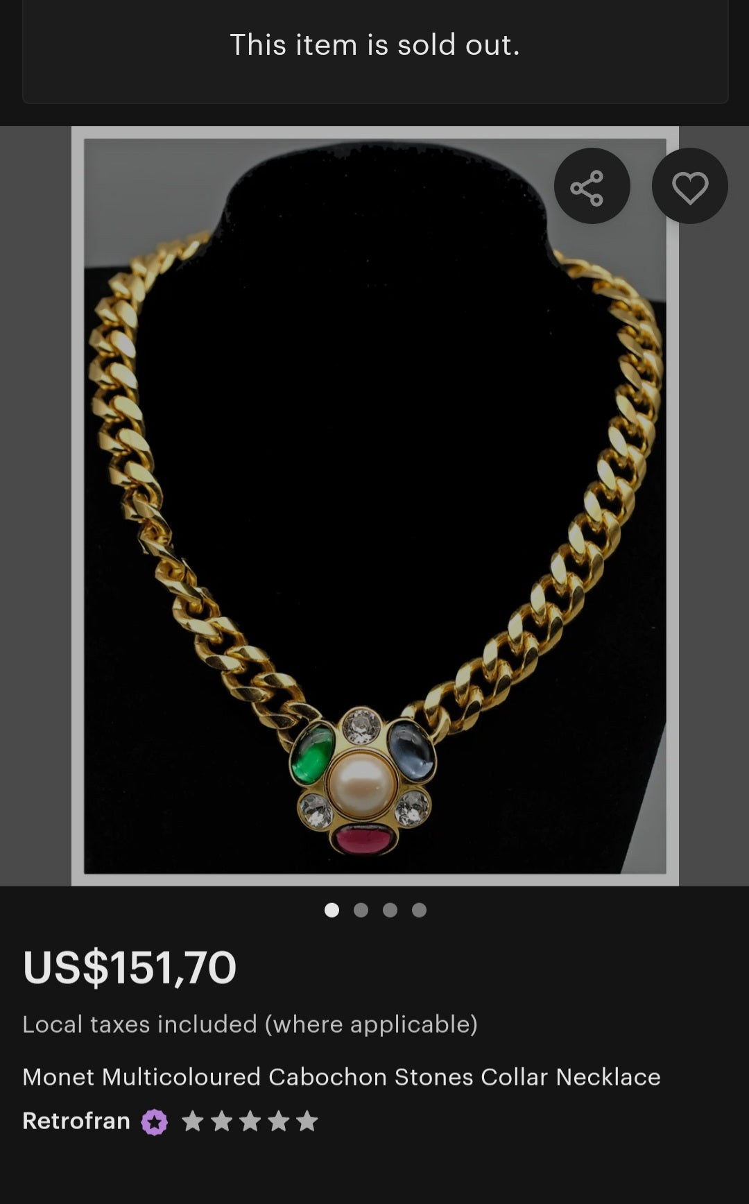 Vintage circa 1960s chunky designer costume necklace by Monet, the American jewelry house celebrated for its luxurious gold-plated finishes and mid-century glamour.