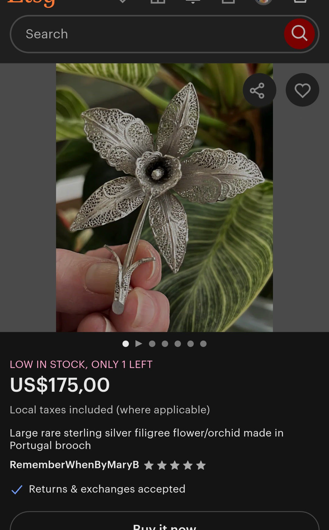 Massive Vintage Portuguese Sterling Silver Filigree Orchid Brooch.