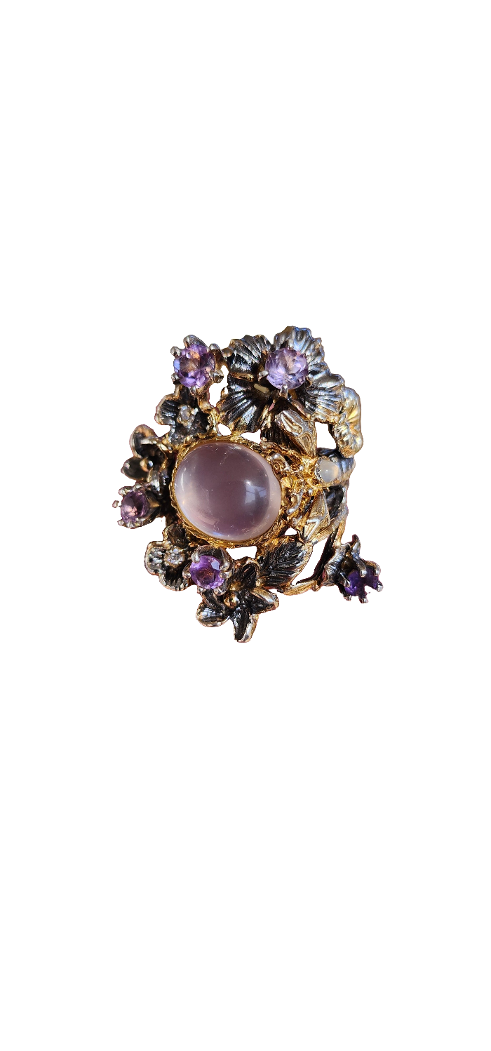 Marvelous Enchanted Forest ring to adorn your hand - Crafted from oxidised Sterling Silver with Yellow Gold plating accents and Natural Gemstones.