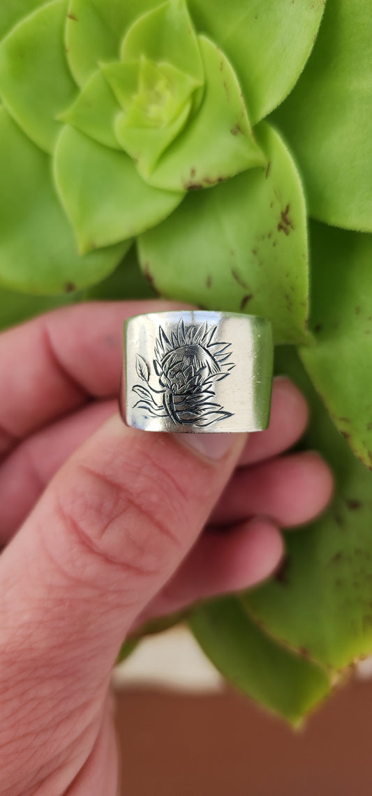 Chunky  Hadmade Sterling Silver ring with hand engraved Protea Flower.