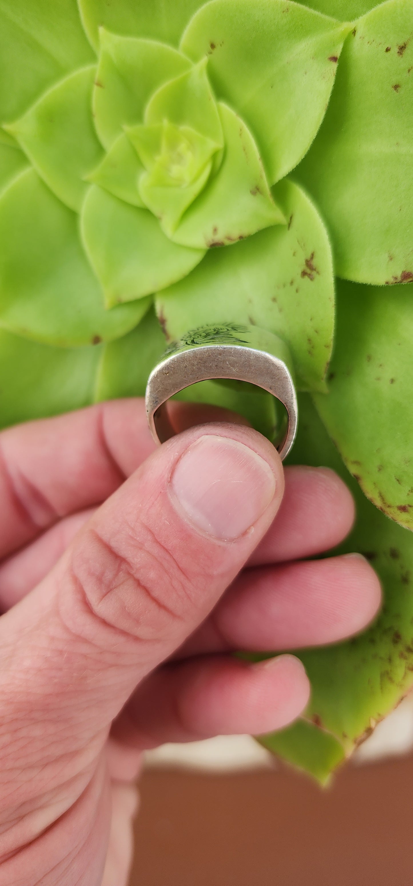 Chunky  Hadmade Sterling Silver ring with hand engraved Protea Flower.