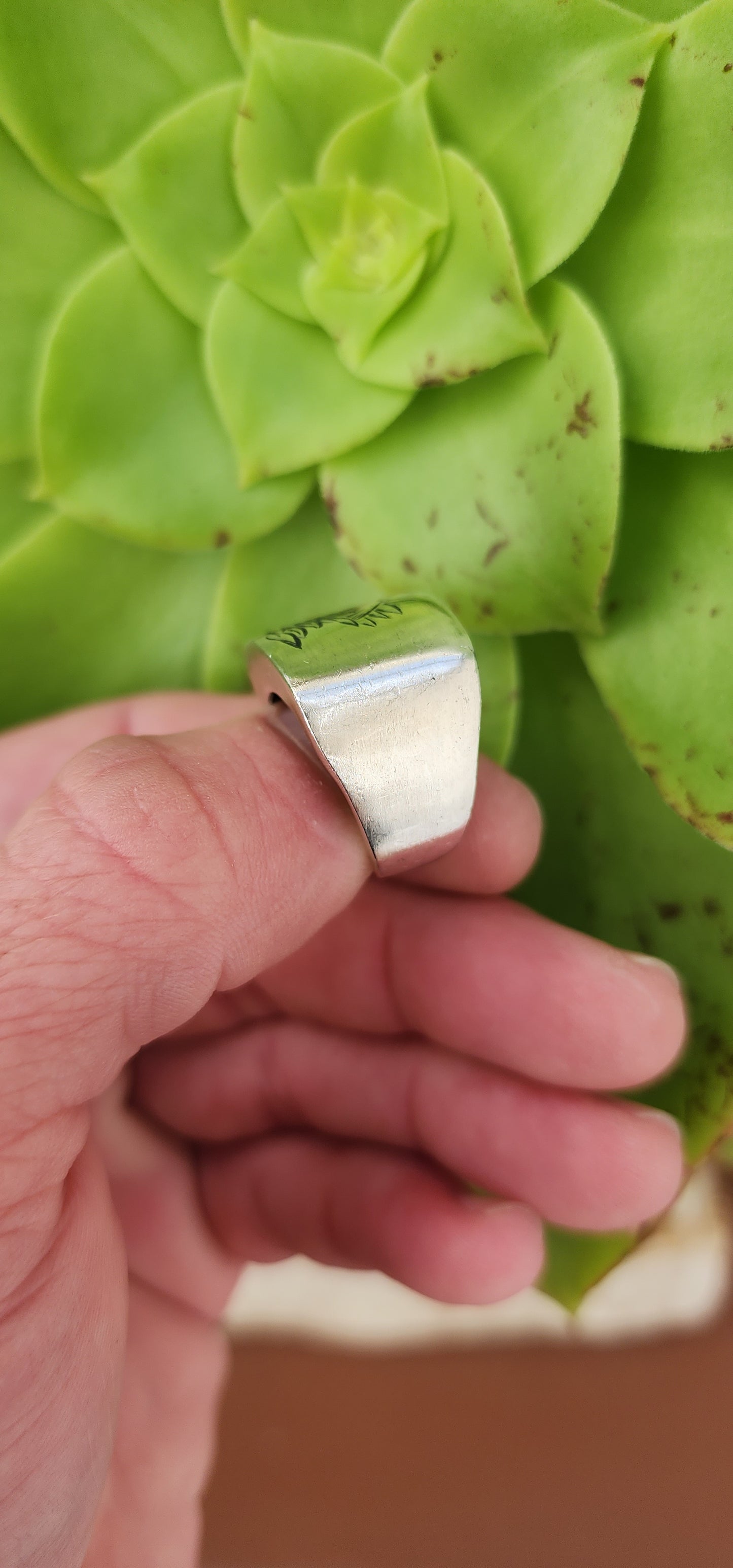 Chunky  Hadmade Sterling Silver ring with hand engraved Protea Flower.