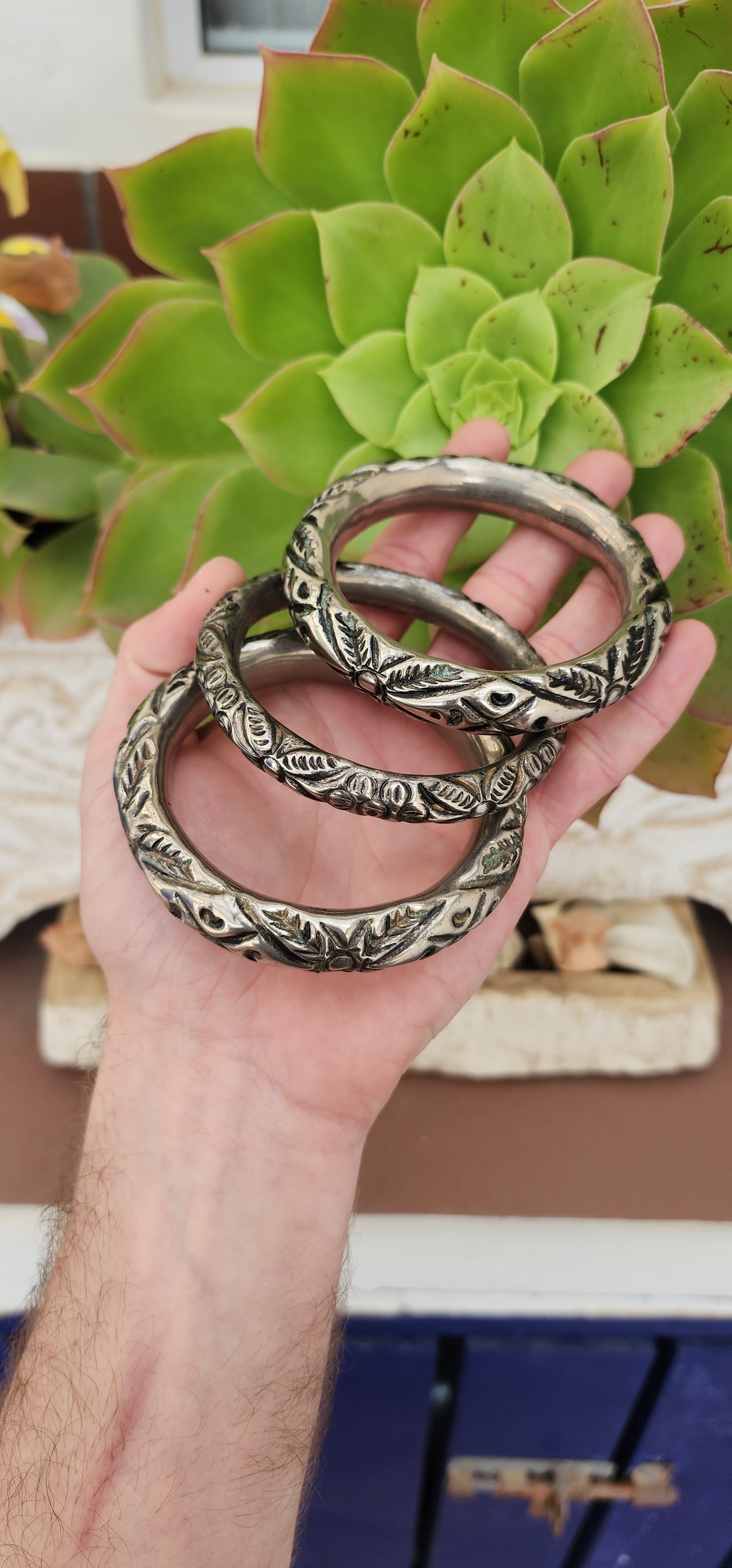 Antique set of 3 chunky and ornately embossed Silver Plated Chinese wedding/rattle bangles.