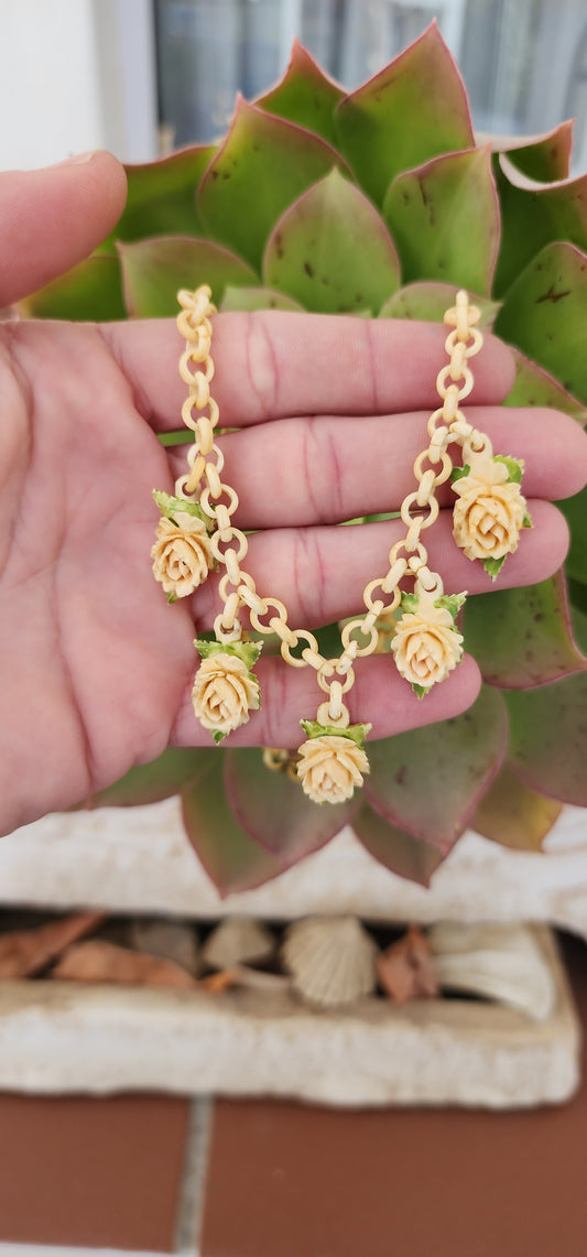 Rare Antique Victorian pre-ban Ivory Belcher link necklace with carved Rose drop pendants.