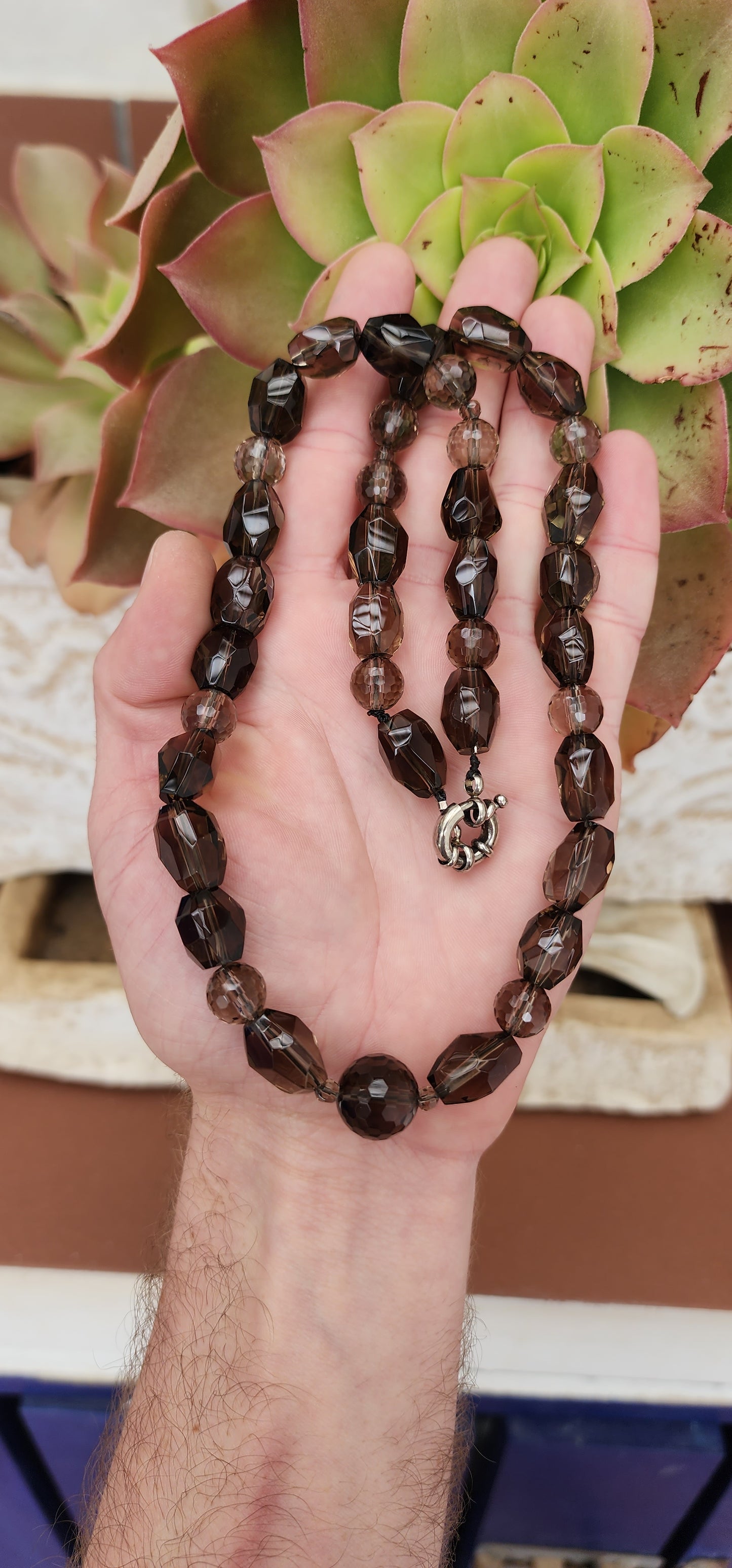 Natural Smokey Quartz Gemstone beaded necklace - All the beads are faceted cut - Fitted with an Signoretti clasp.