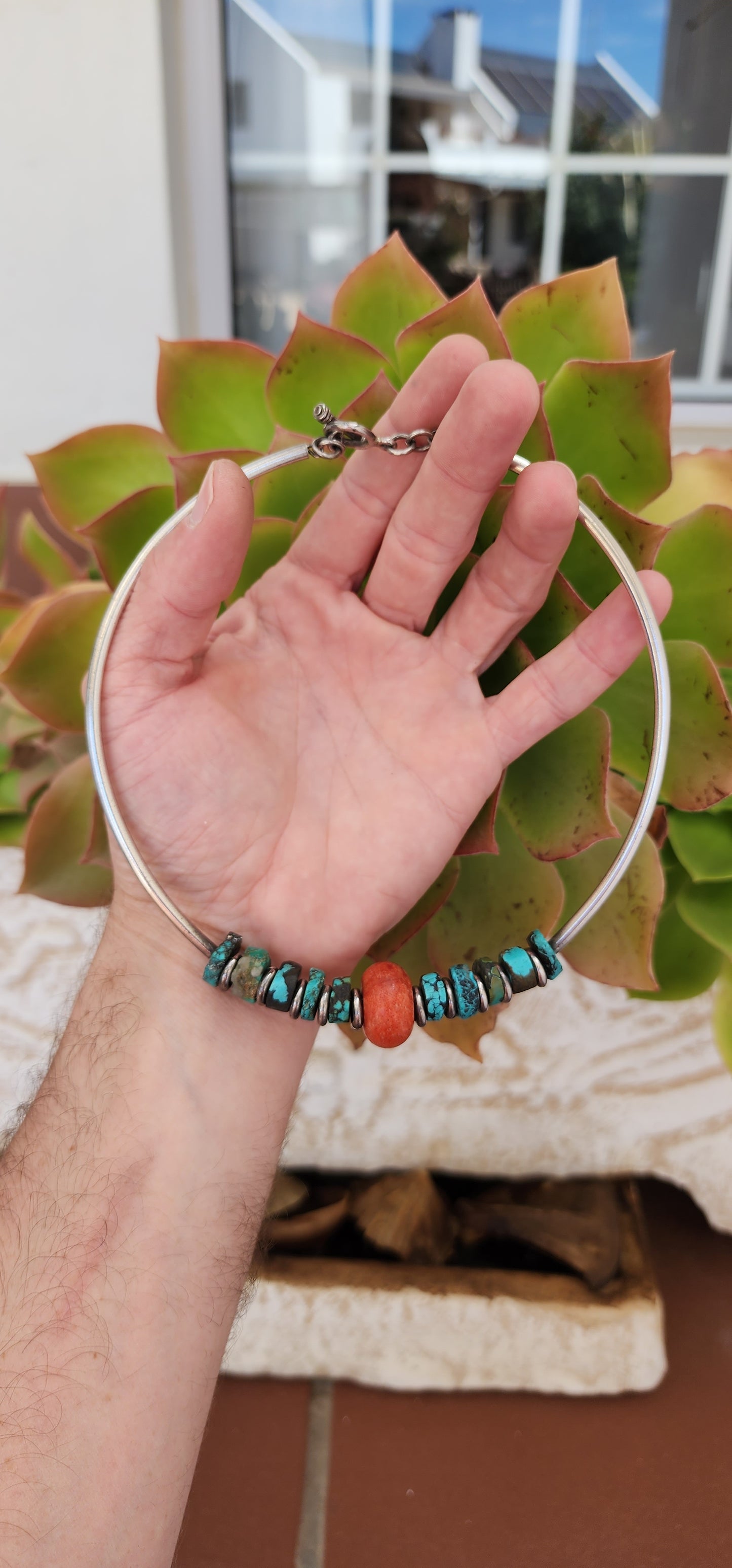 Studio made ( one of a kind ) collar/choker tube necklace - Sterling Silver with an centre Red Coral bead and Turquoise beads on either sides .Perfectly unisex.