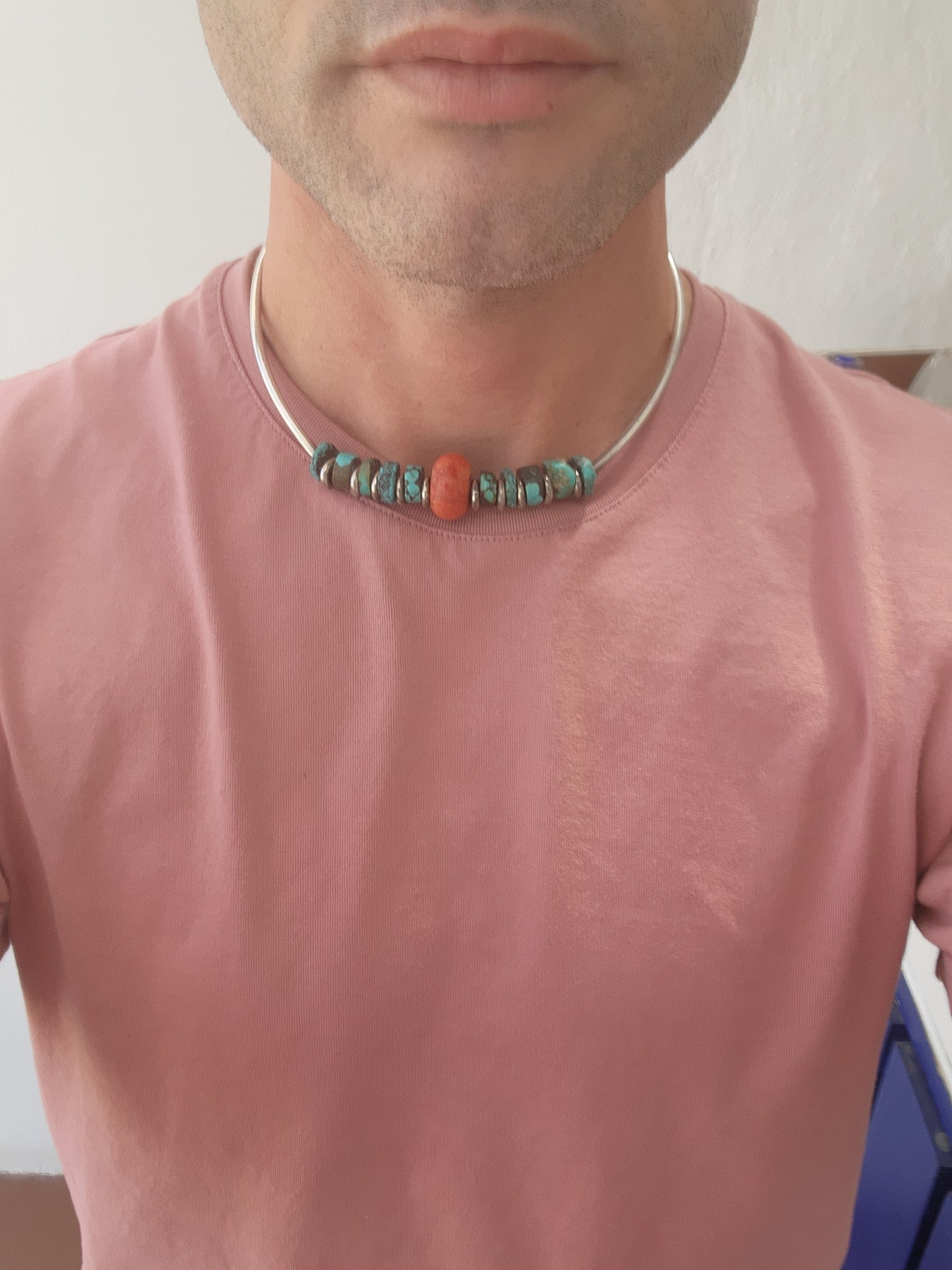 Studio made ( one of a kind ) collar/choker tube necklace - Sterling Silver with an centre Red Coral bead and Turquoise beads on either sides .Perfectly unisex.