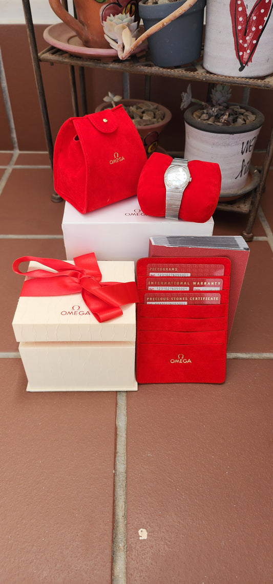 Ladies Omega Constellation wrist watch with box and papers.