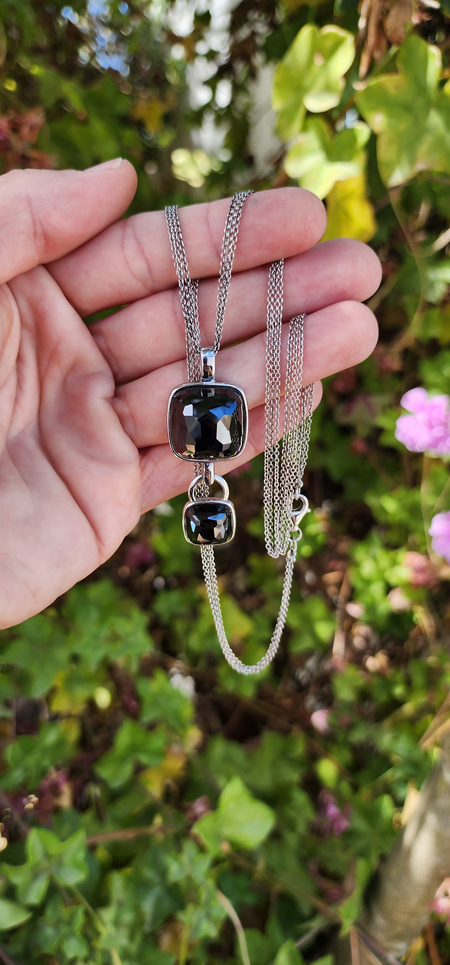 Sterling Silver pendant set with Black Faceted Rose Cut CZ Gemstones that sparkle beautifully - Fitted on an 3 strand Sterling Silver chain.