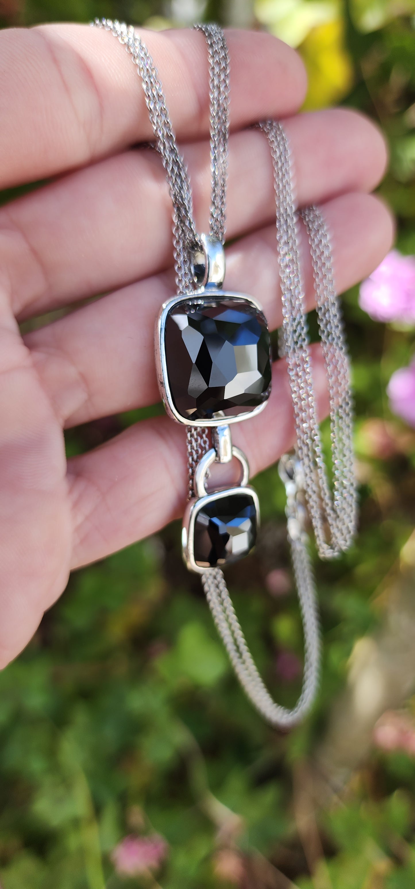 Sterling Silver pendant set with Black Faceted Rose Cut CZ Gemstones that sparkle beautifully - Fitted on an 3 strand Sterling Silver chain.