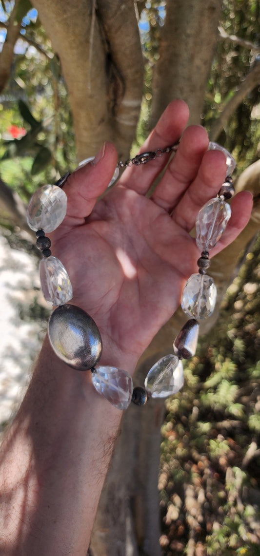 STATEMENT ! Chunky handmade necklace consisting out of beautiful large size faceted cut Clear Quartz beads and textured Sterling Silver accent beads.Fitted with an Sterling Silver Signoretti clasp.