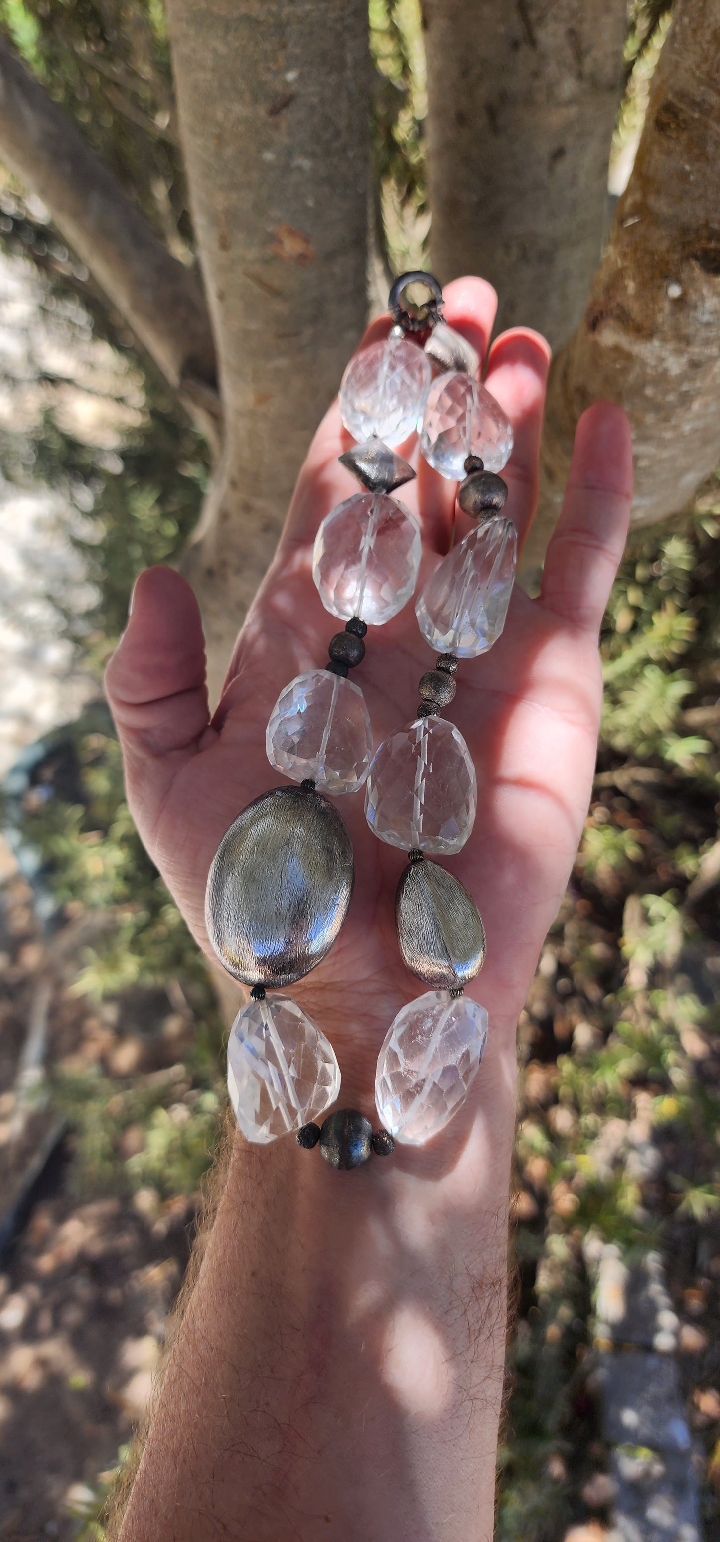 STATEMENT ! Chunky handmade necklace consisting out of beautiful large size faceted cut Clear Quartz beads and textured Sterling Silver accent beads.Fitted with an Sterling Silver Signoretti clasp.