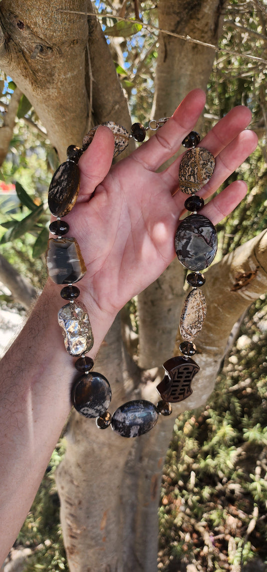 Designer Necklace consisting out of an collection of Agate,Smokey Quartz and Sterlings Silver beads.