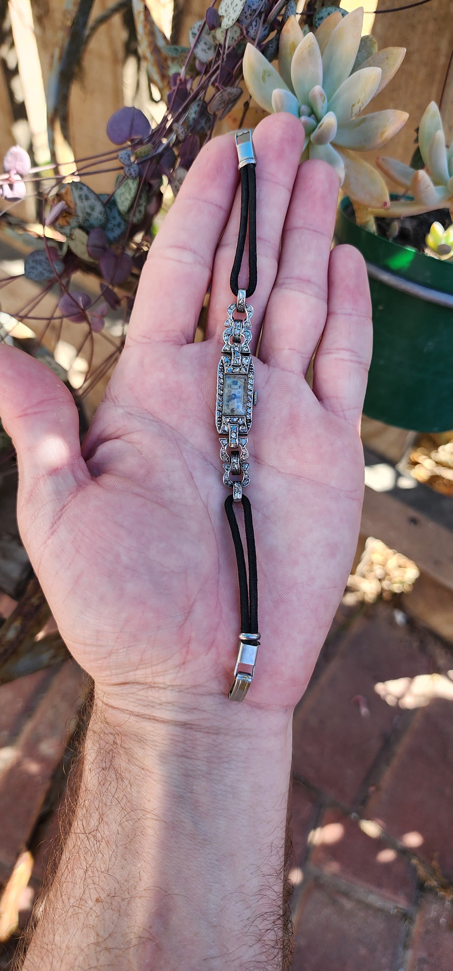 Art Deco Circa 1920's Sterling Silver and Antique Rose Cut Diamonds Cocktail Watch.