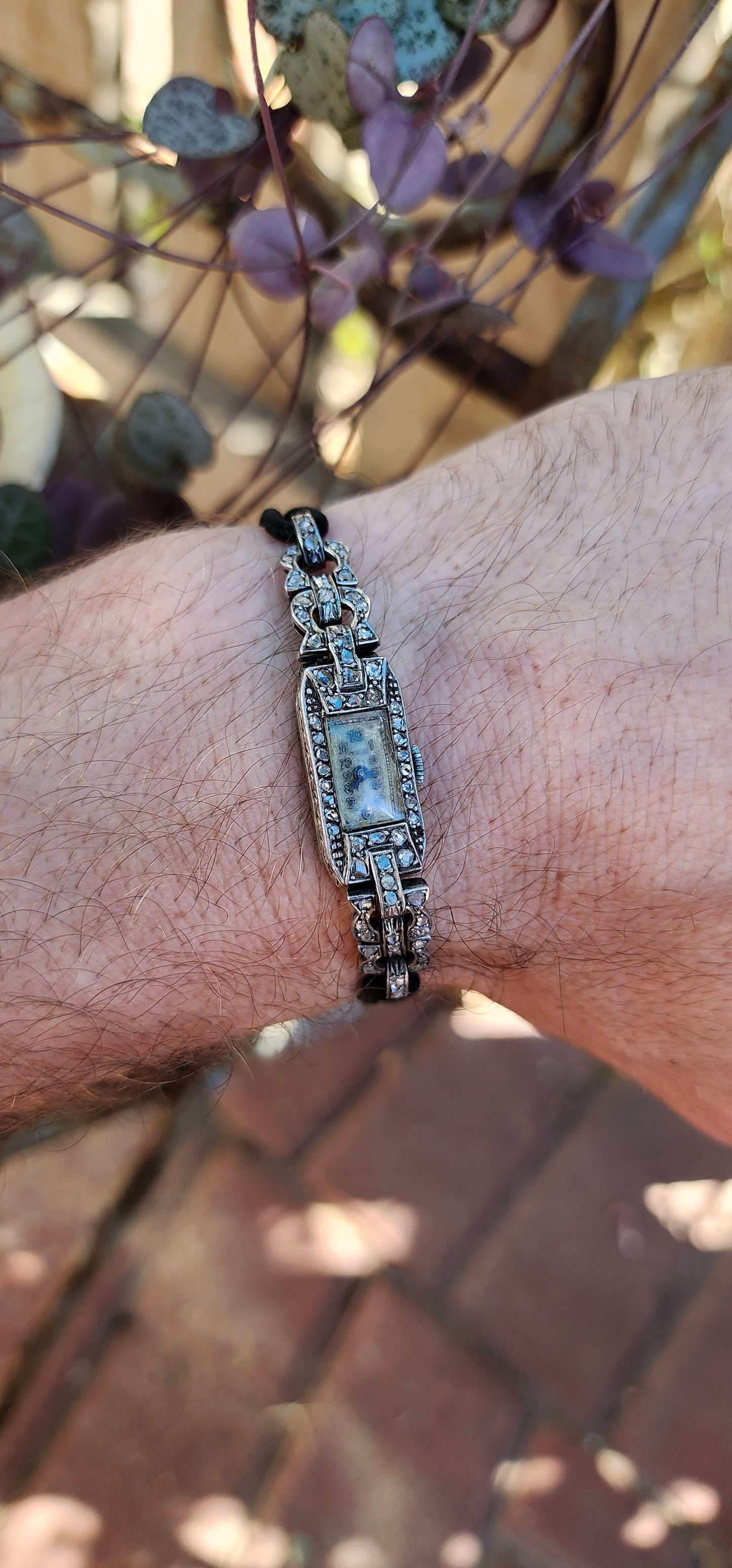 Art Deco Circa 1920's Sterling Silver and Antique Rose Cut Diamonds Cocktail Watch.