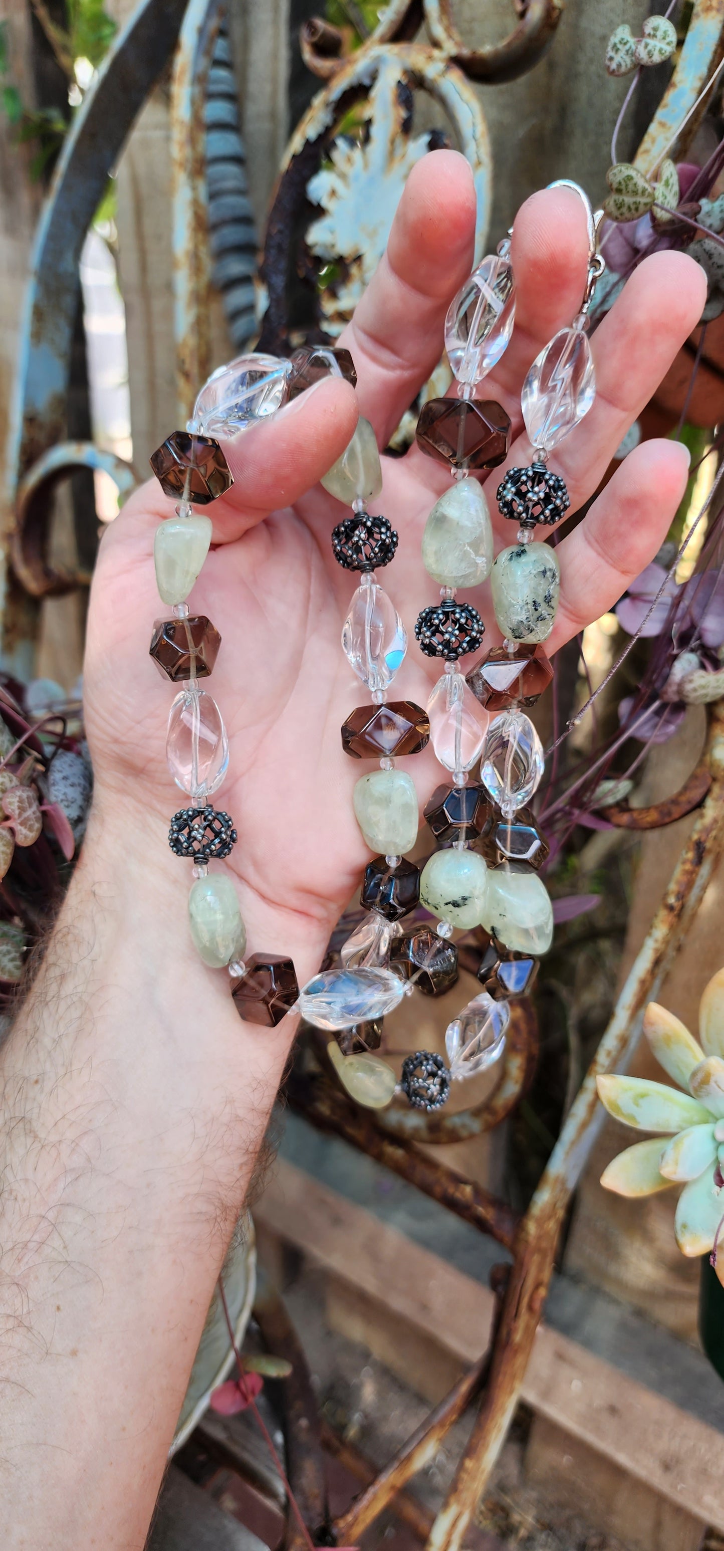 Chunky necklace consisting out of Clear Quartz , Smokey Quartz and Prehnite Gemstone beads and added Sterling Silver Bali accent beads