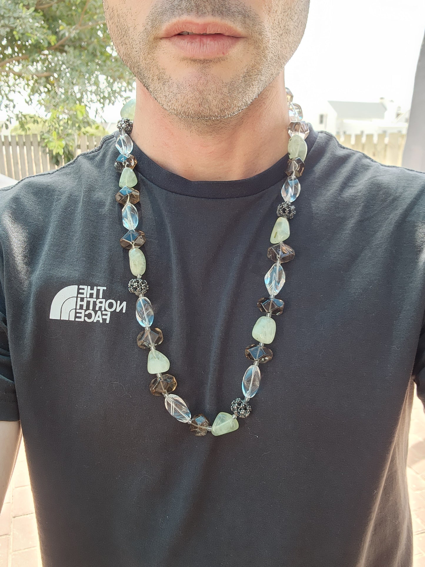 Chunky necklace consisting out of Clear Quartz , Smokey Quartz and Prehnite Gemstone beads and added Sterling Silver Bali accent beads