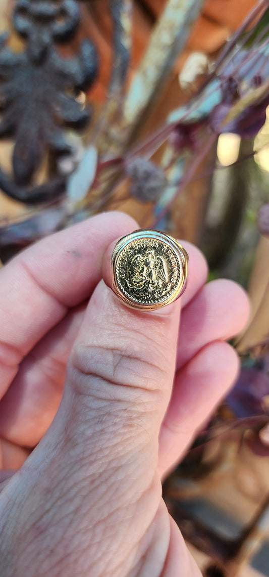 Chunky 9ct Yellow Gold signet ring set with an 22ct Yellow Gold Mexican 2 Pesos coin