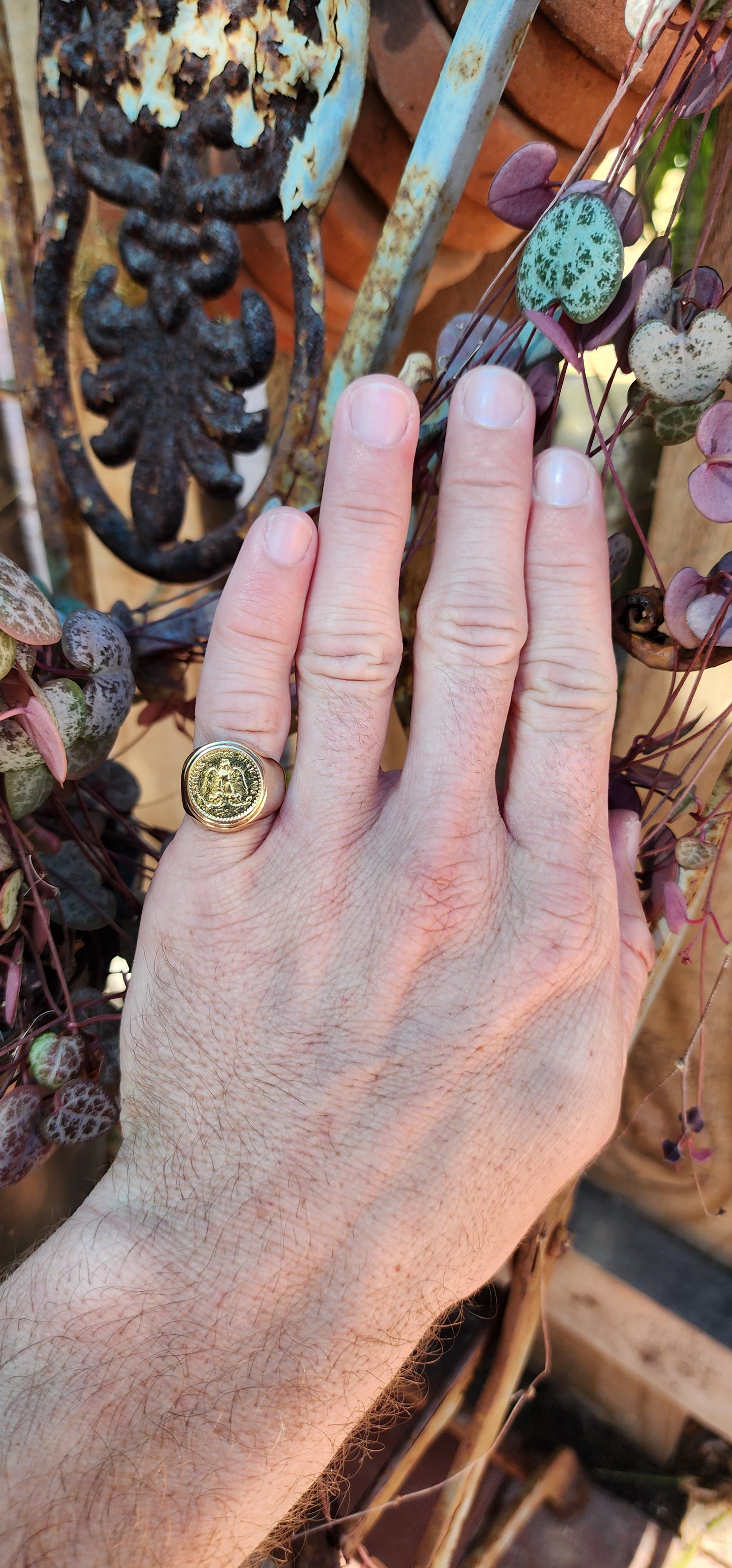 Chunky 9ct Yellow Gold signet ring set with an 22ct Yellow Gold Mexican 2 Pesos coin