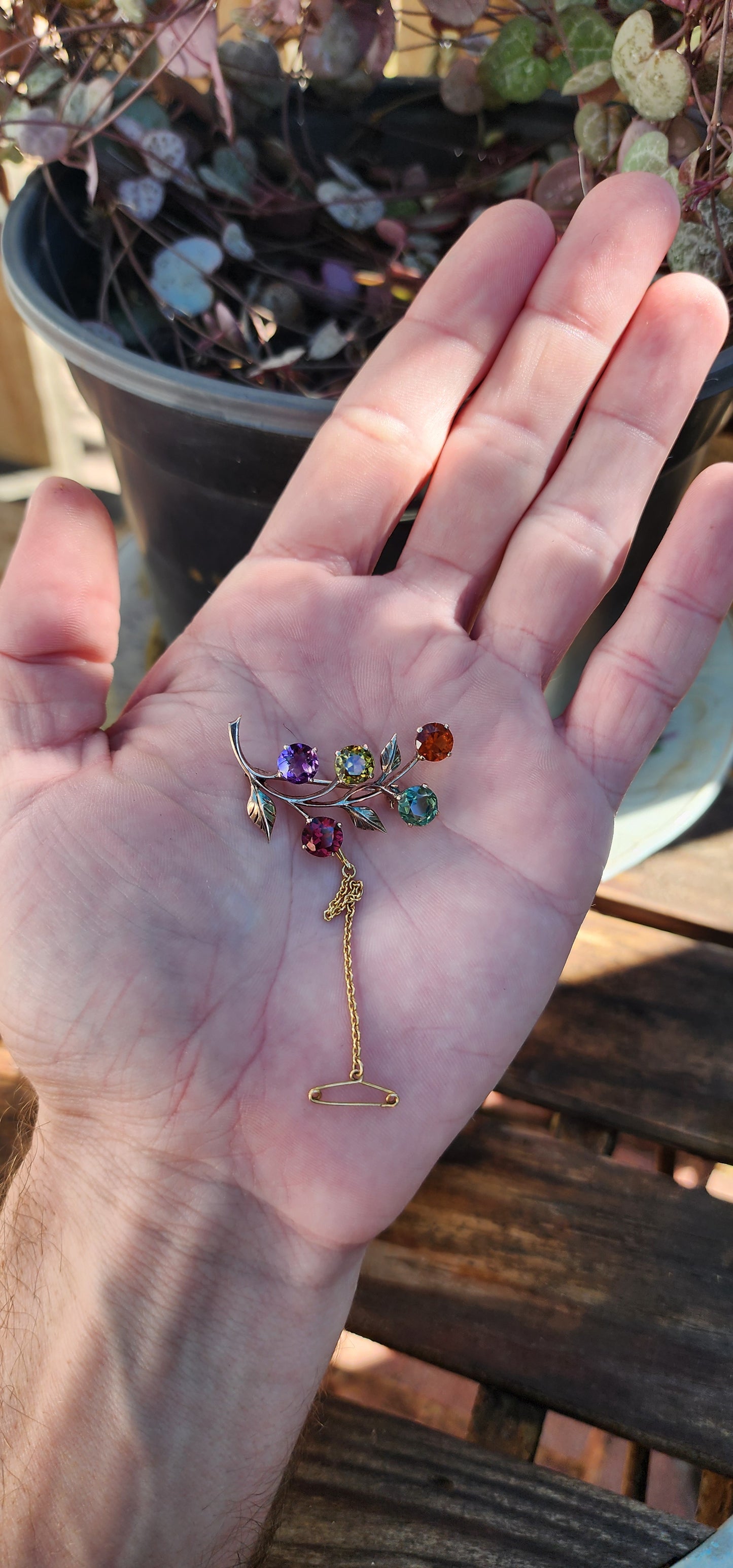 Beautiful Antique Victorian era (1837 – 1901) 9ct Rose Gold flower and leaf design Harlequin spray brooch consisting of Natural multi-colour Gemstones