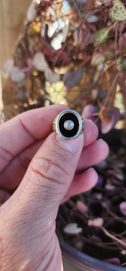 Classical 9ct White Gold,Onyx and Diamond Signet ring.