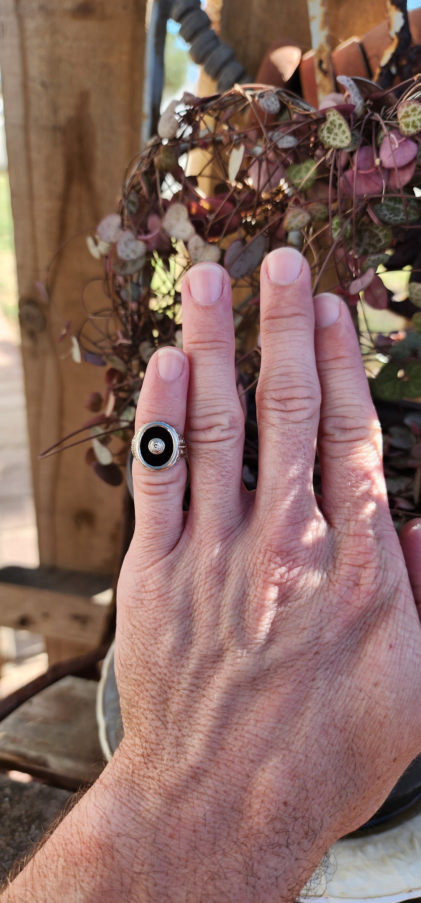 Classical 9ct White Gold,Onyx and Diamond Signet ring.