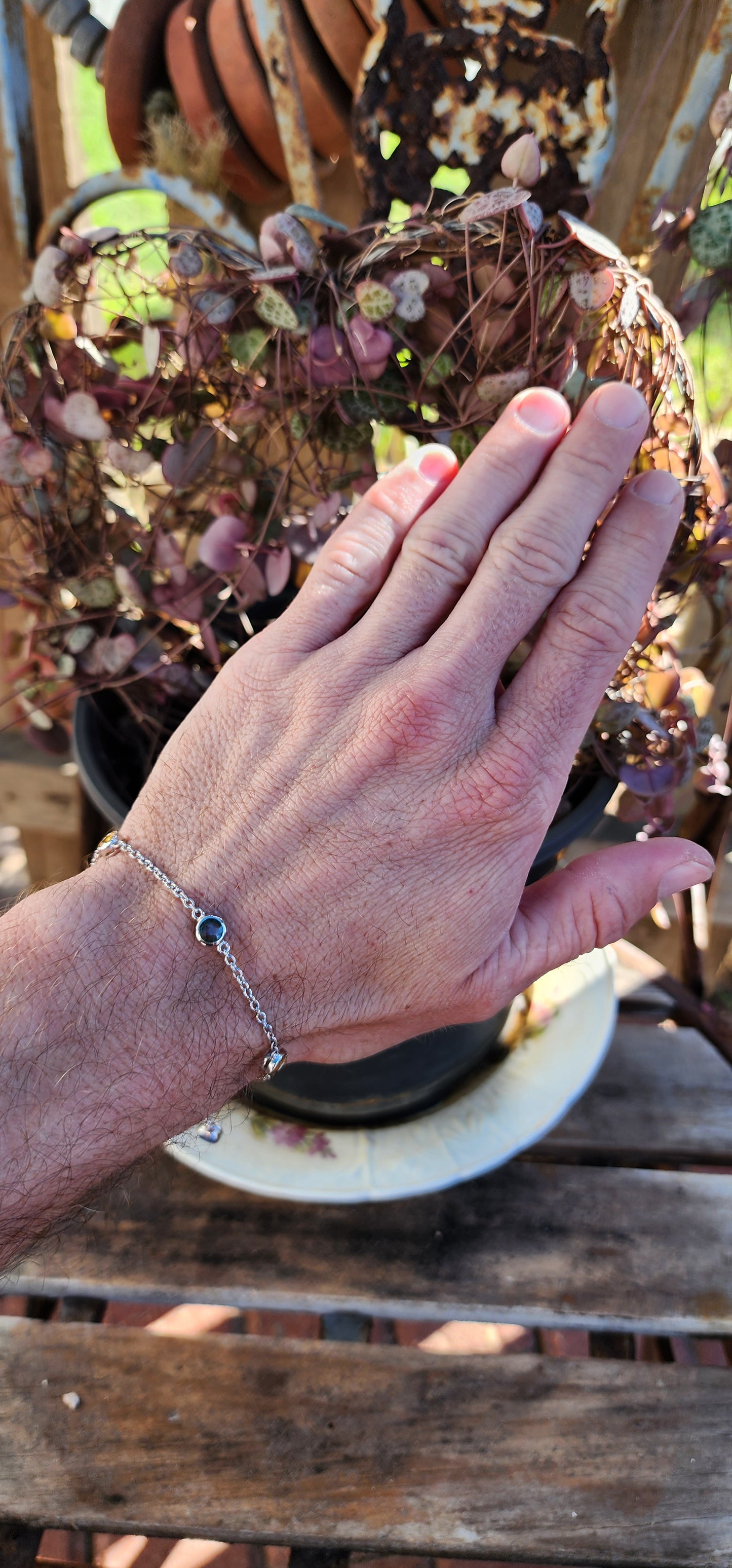 Elegant Sterling Silver and 5x Natural Round Cut Multicolor Tourmaline Gemstones Station bracelet.