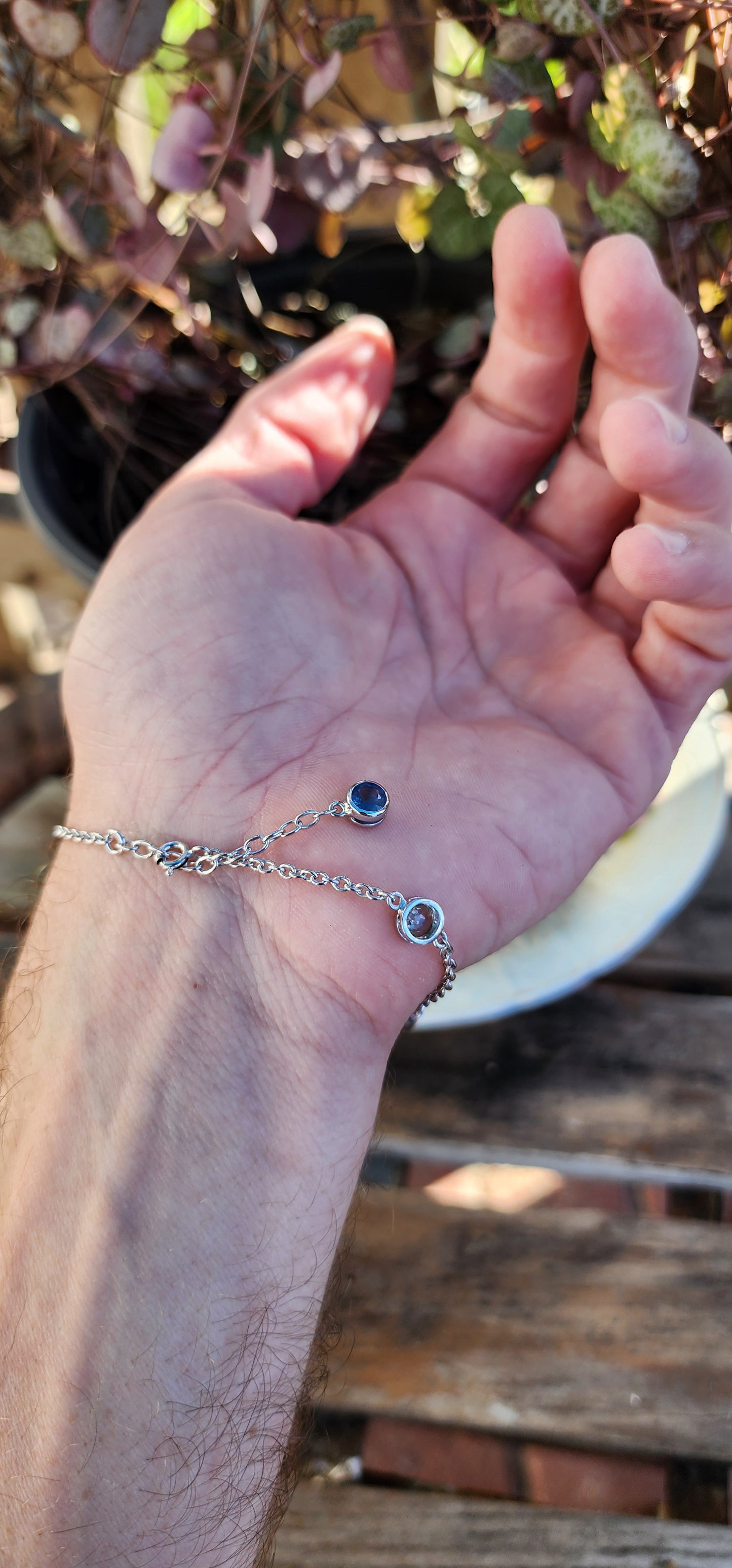 Elegant Sterling Silver and 5x Natural Round Cut Multicolor Tourmaline Gemstones Station bracelet.