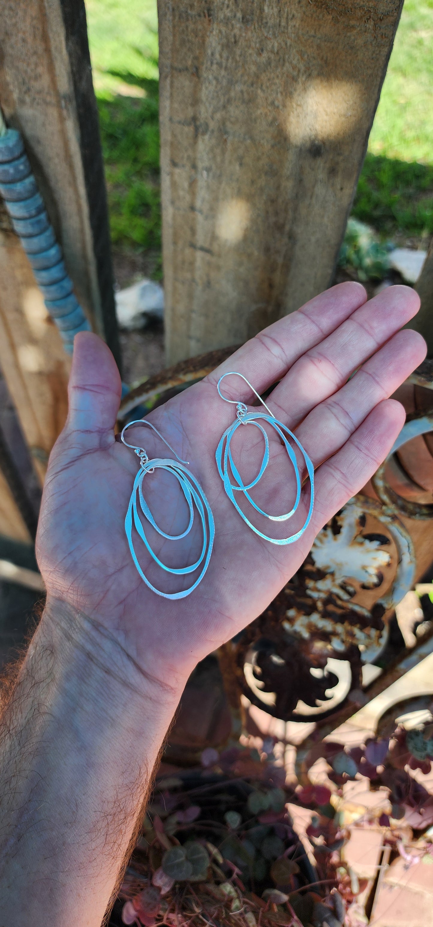 Fabulous and large pair of Sterling Silver Oval/Geometric shapes chandelier drop earrings.