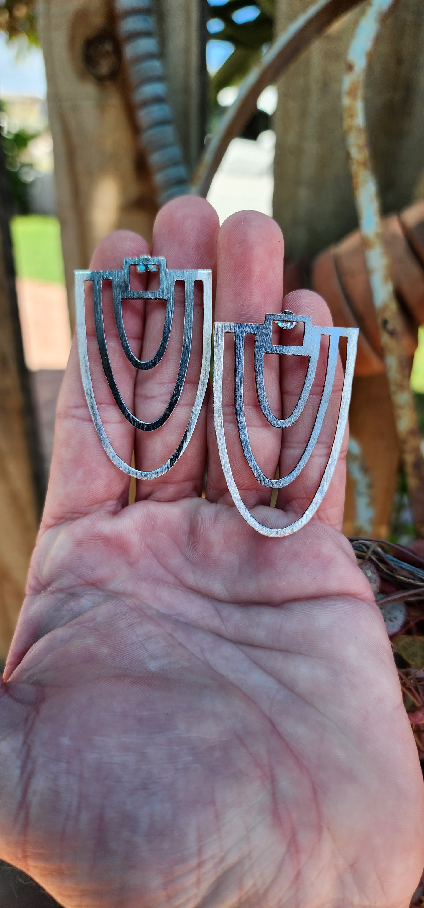 Large pair of Black Oxidised Sterling Silver Art Deco/Modernist style push-in earrings.