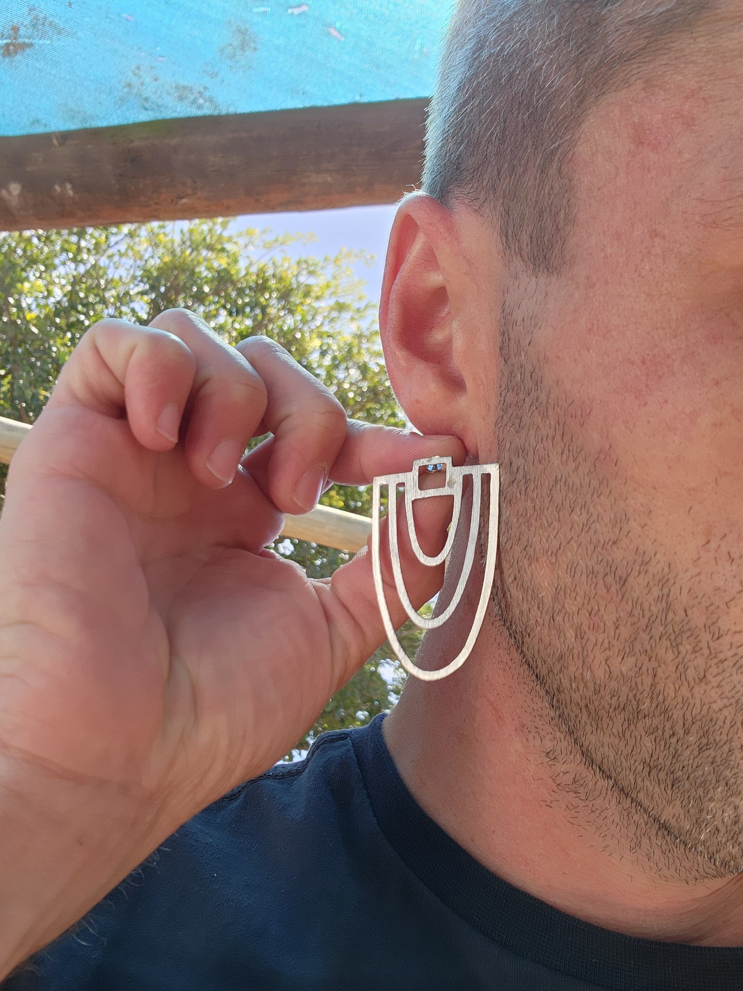 Large pair of Black Oxidised Sterling Silver Art Deco/Modernist style push-in earrings.