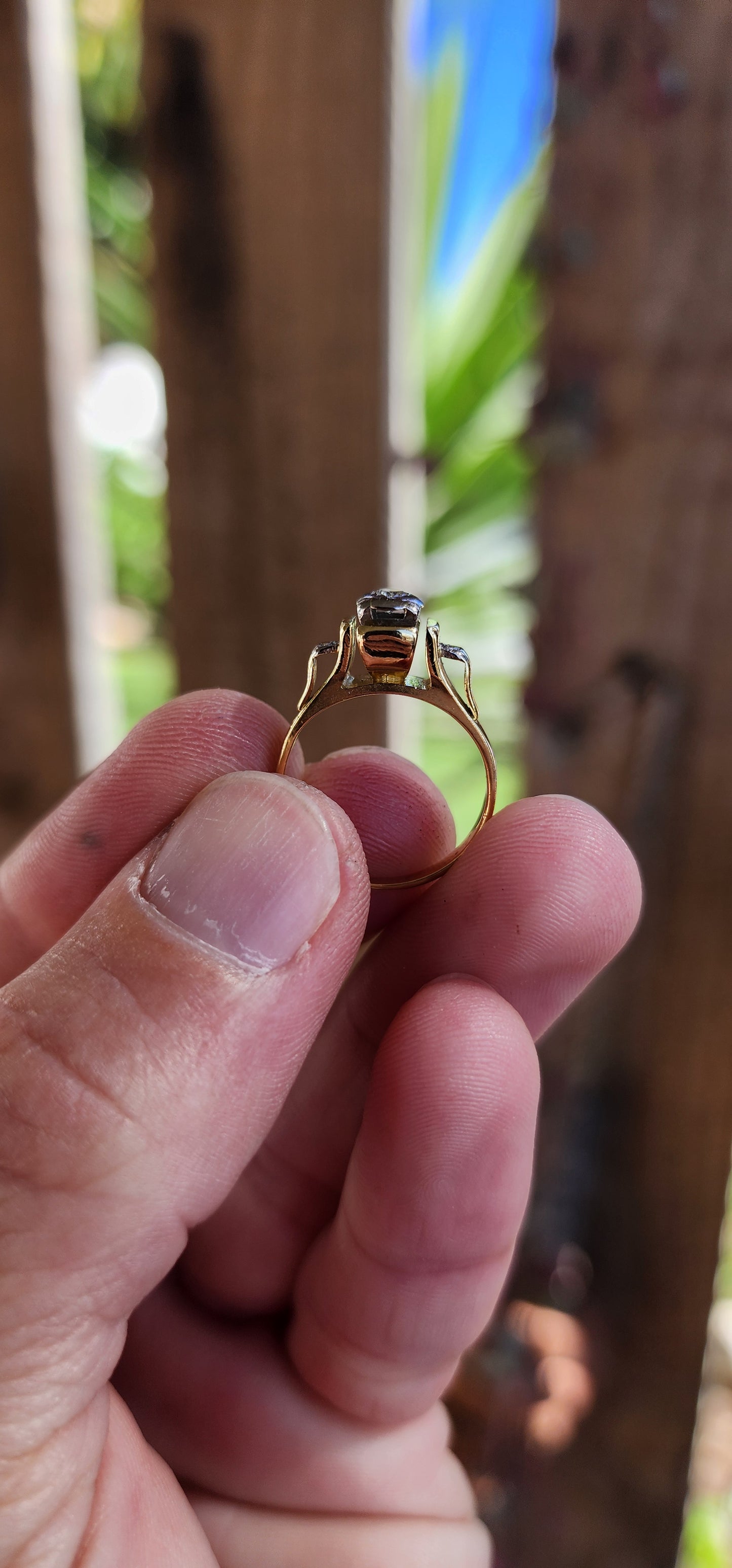 Vintage Mid Century Modern 18ct Yellow/White Gold ring set with three Diamonds.