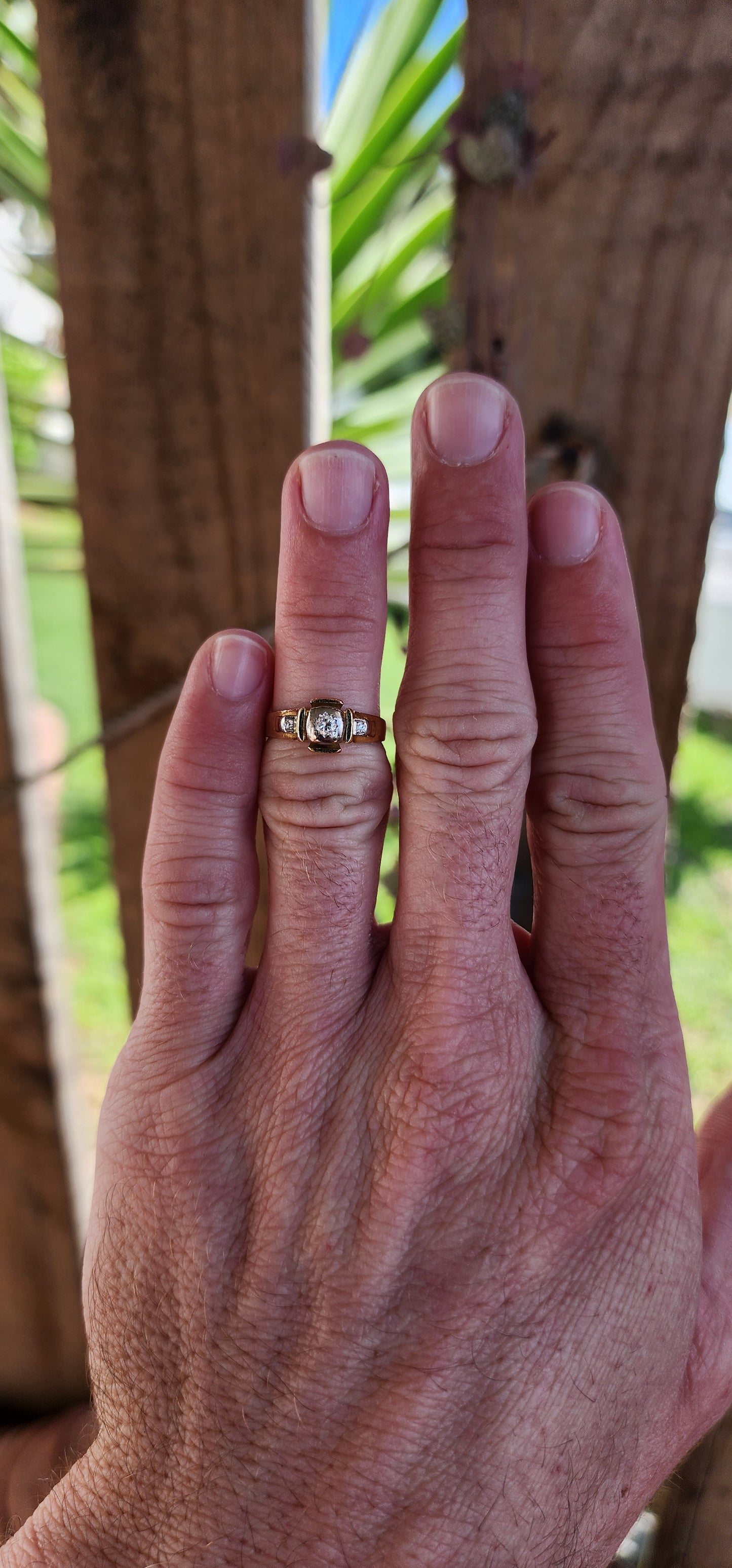 Vintage Mid Century Modern 18ct Yellow/White Gold ring set with three Diamonds.