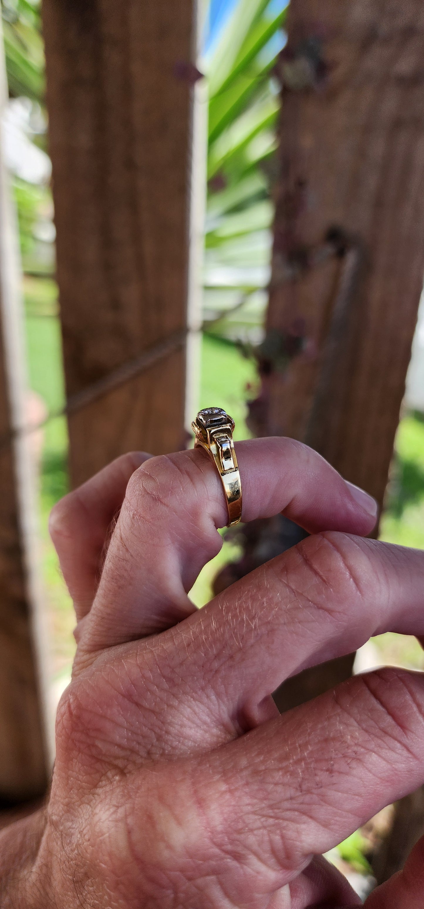 Vintage Mid Century Modern 18ct Yellow/White Gold ring set with three Diamonds.