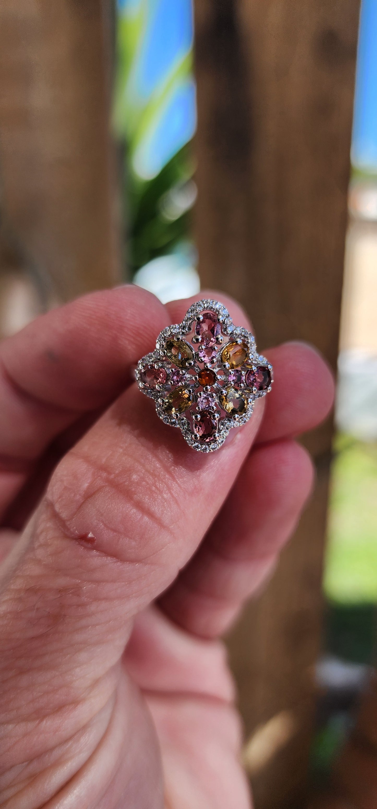 Sterling Silver and cluster of Natural Multicolor Tourmaline Gemstones Dress ring.