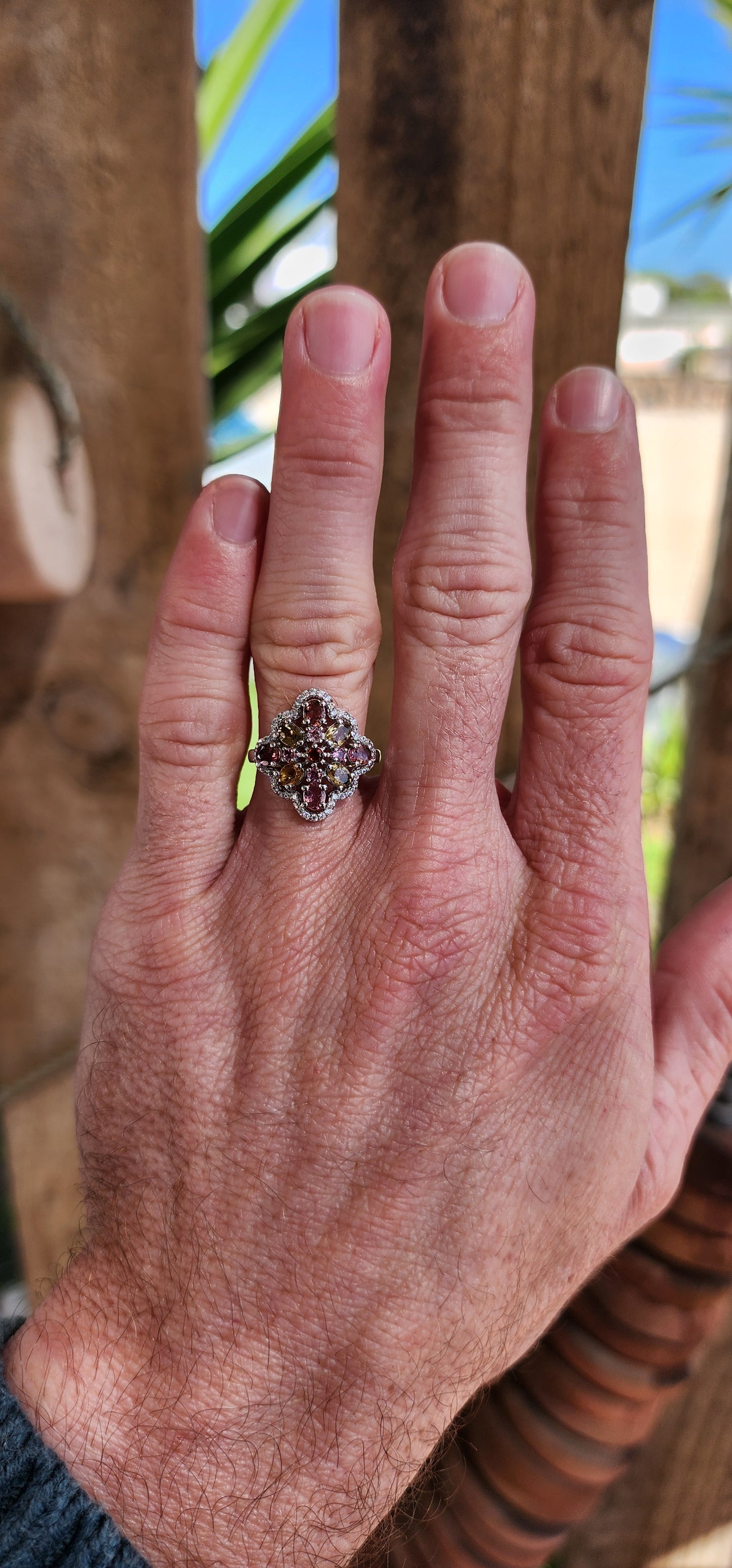 Sterling Silver and cluster of Natural Multicolor Tourmaline Gemstones Dress ring.